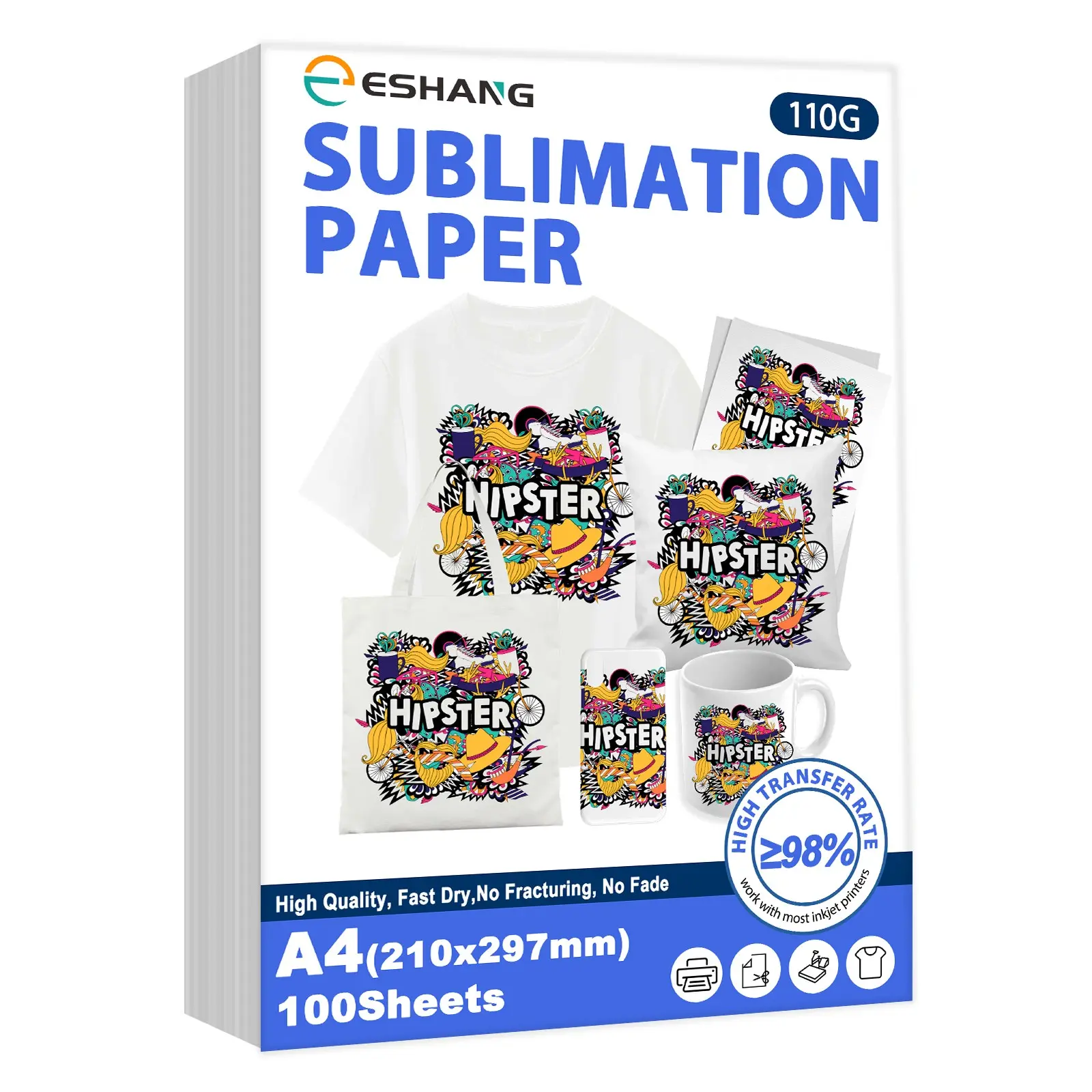 Eshang Heat Transfer Paper A4 (8.3x11.7 Inches) 100 Sheets, 110g, for Light Fabrics, T-Shirts, Mugs, Compatible with Inkjet Printers, DIY Craft Supplies