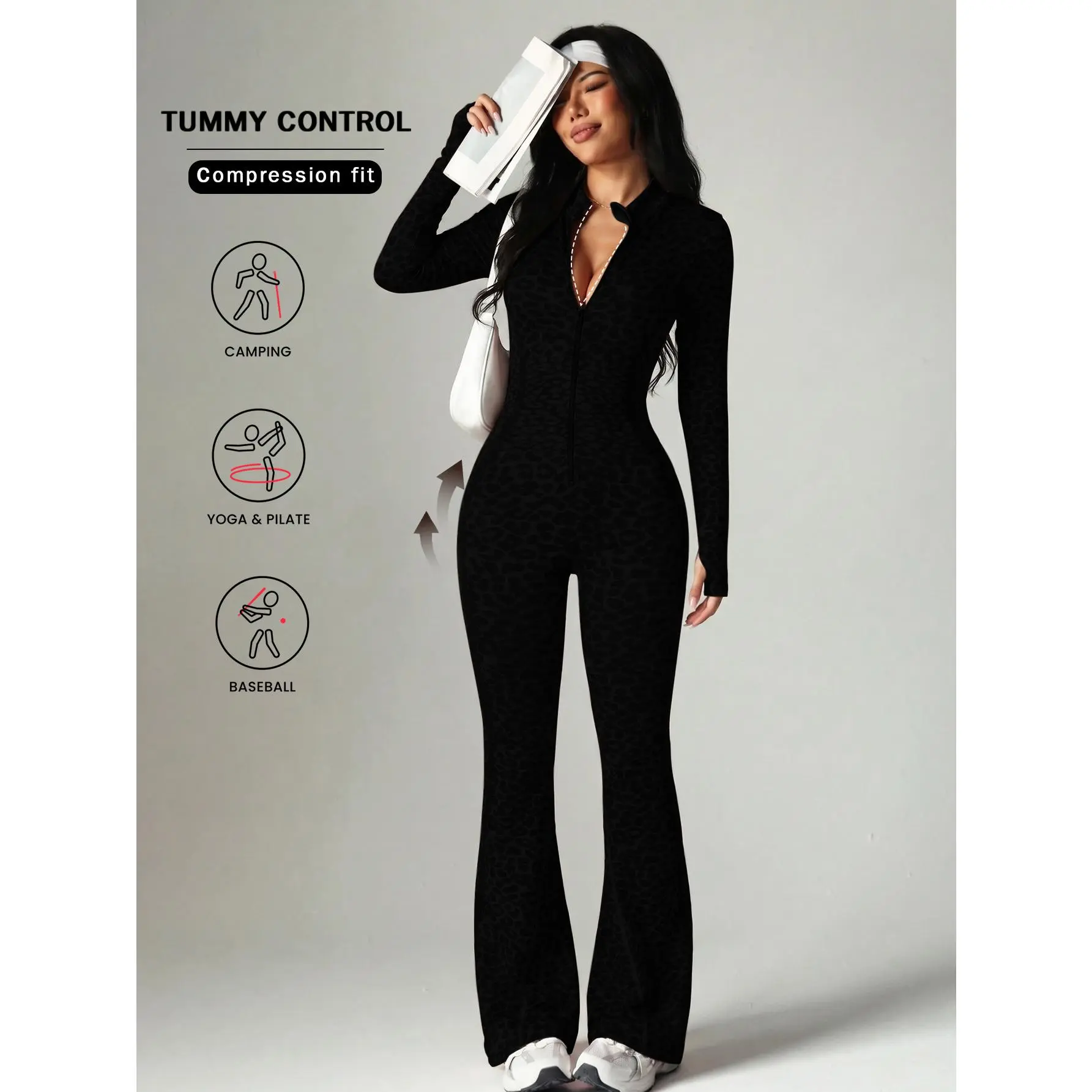 Women Leopard Print 2 Piece Outfits, Long Sleeve Top & Flare Pants Set, Casual Sports Yoga Tracksuit