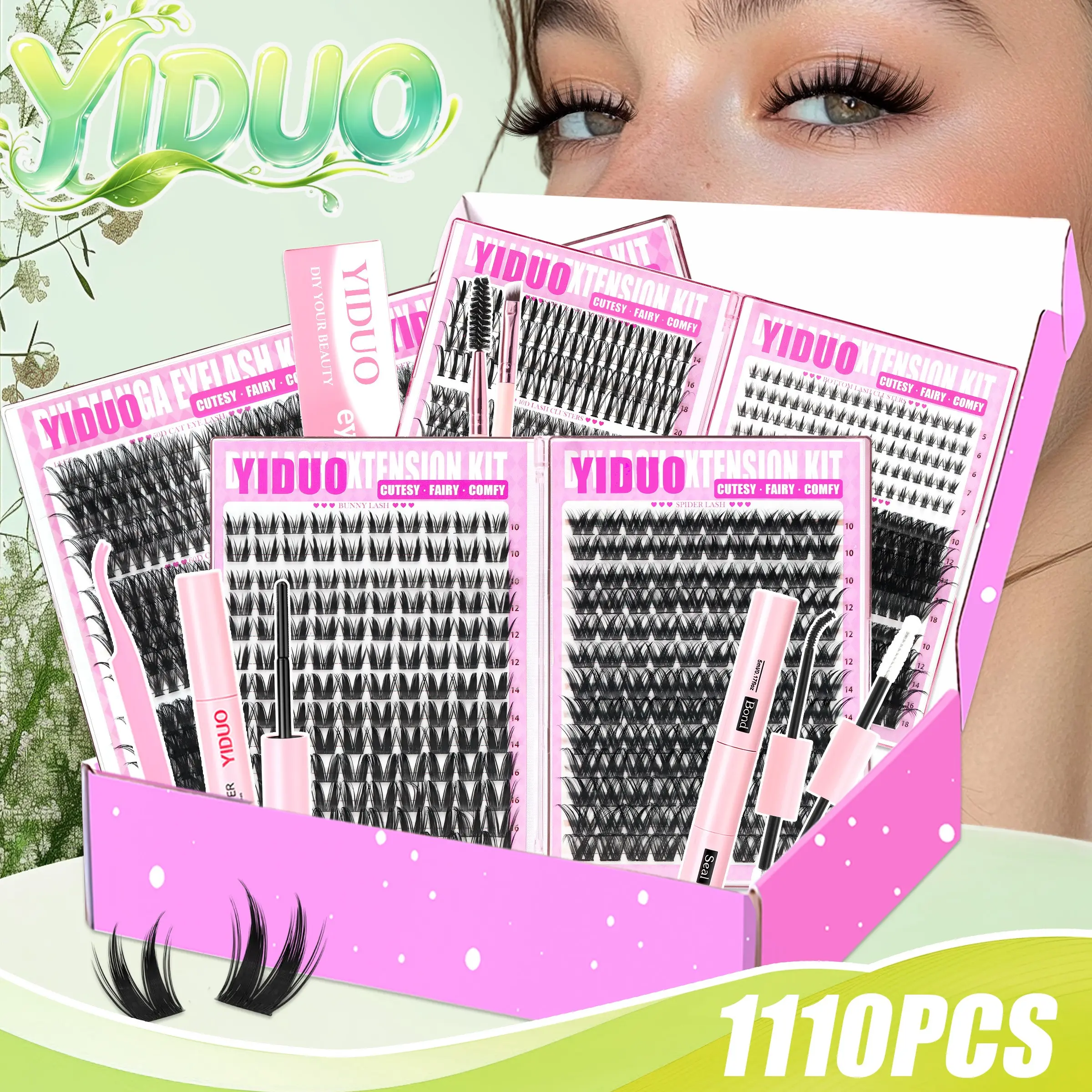 YIDUO Extra-Large Capacity Cosmetic Eyelash Extension Kit - 1110 Pcs Lash Clusters with All Essential Tools (Glue, Sealer, Remover, Tweezers, Dual Brush) - 6 Styles Natural to Bold DIY Lashes, 10-18mm Mixed Lengths C Curl for Daily & Party Use