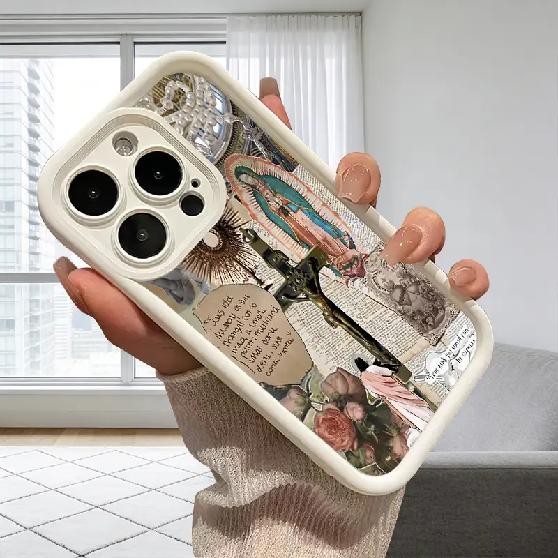 Vintage Religious Contemporary Art Virgin Mary Jesus Cross Scrapbook Smartphone Case, Slim Shockproof TPU Handheld Casing for iPhone 17-16-15-14 Pro Max-13-12-11-XR-XS-Plus-Air Portable Accessory