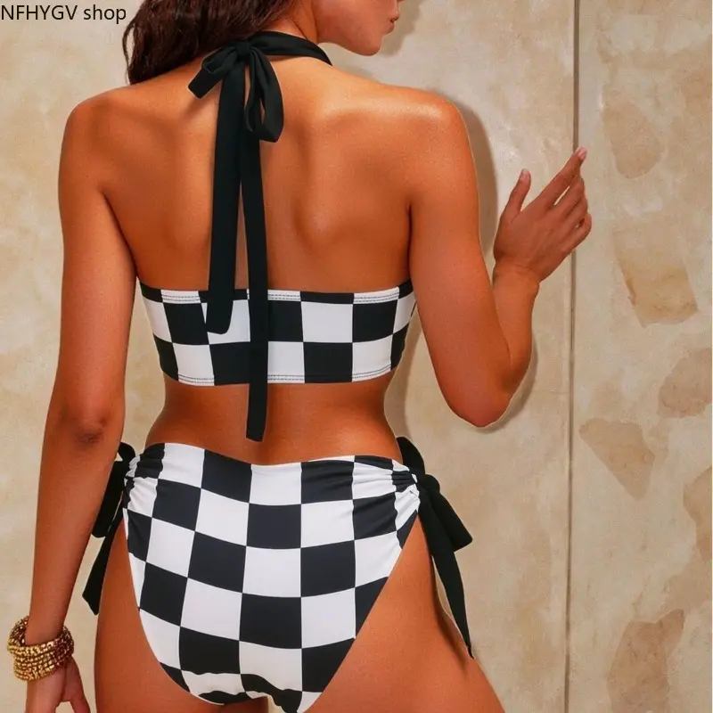 Black White Checkerboard Halter Bikini Set, Back Tie Crop Top Side Tie High Cut Swim Bottom, Two Piece Swimsuit For Women Beach Pool Vacation And Summer Bathing Outfit