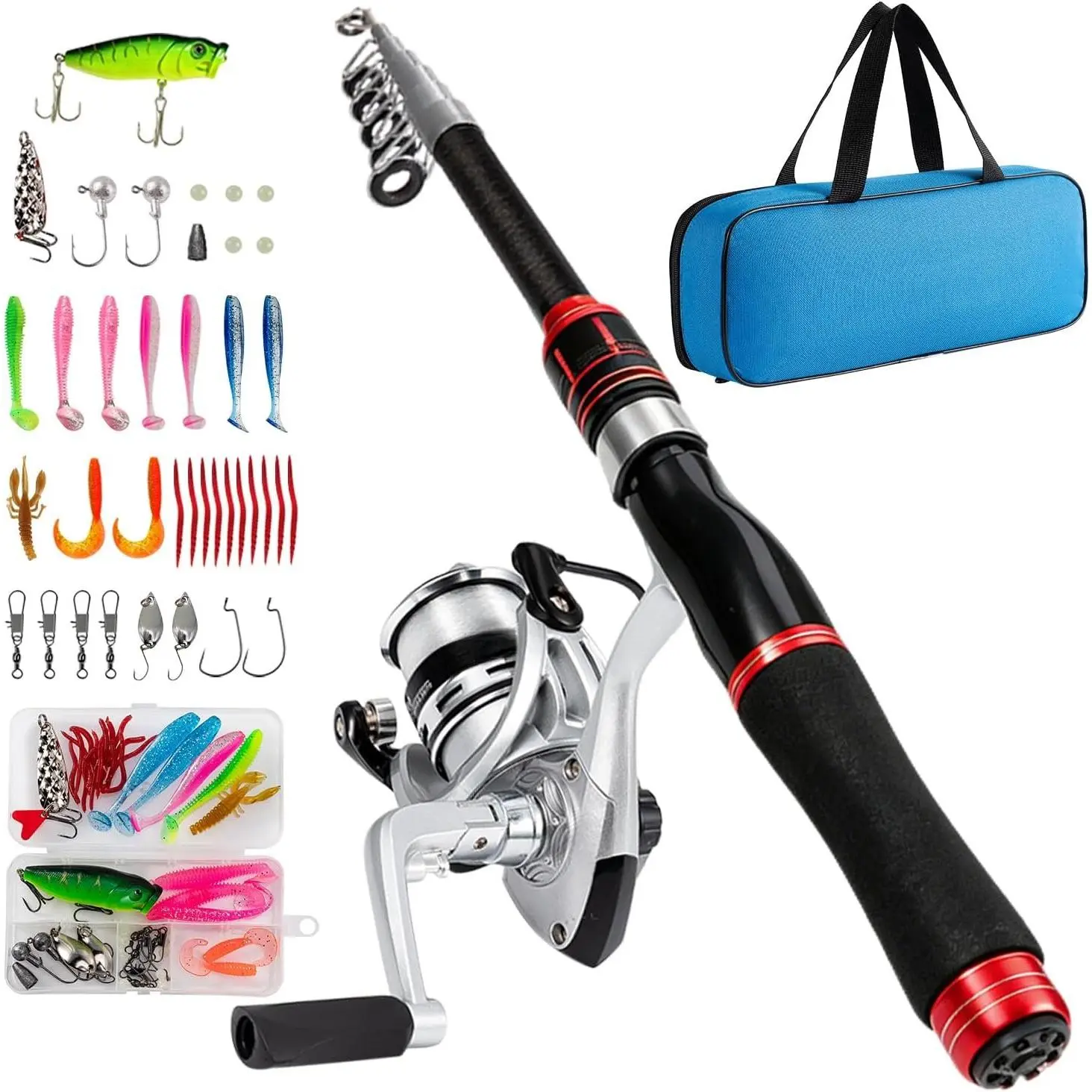 Fishing Pole Set, 5.2FT Compact Telescopic Fishing Rod and Reel Combo with Complete Tackle Lures, Travel Carry Bag -in- Fishing Gear for Beginner Spinning Rod Combo Fishing