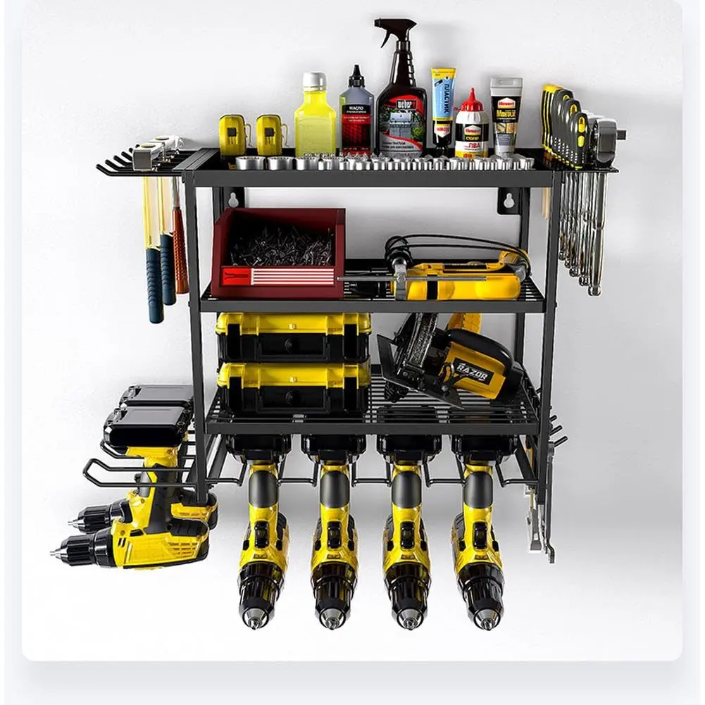 Premium Heavy Duty Wall Mounted Power Tool Organizer, 2/4-Tier Metal Cordless Drill Holder Storage Shelf with Screwdriver & Wrench Slots, Space Saving Garage Workshop Organization Tool Cabinet for Men DIY Projects, Black