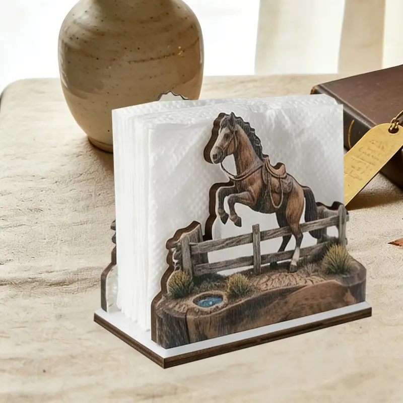 Western Horse Wooden Napkin Holder, Rustic Farmhouse Cowboy Fence Decor Napkin Dispenser, Country Table Napkin Storage Organizer for Kitchen, Dining Table and Home Decor, Unique Horse-Lover Gift