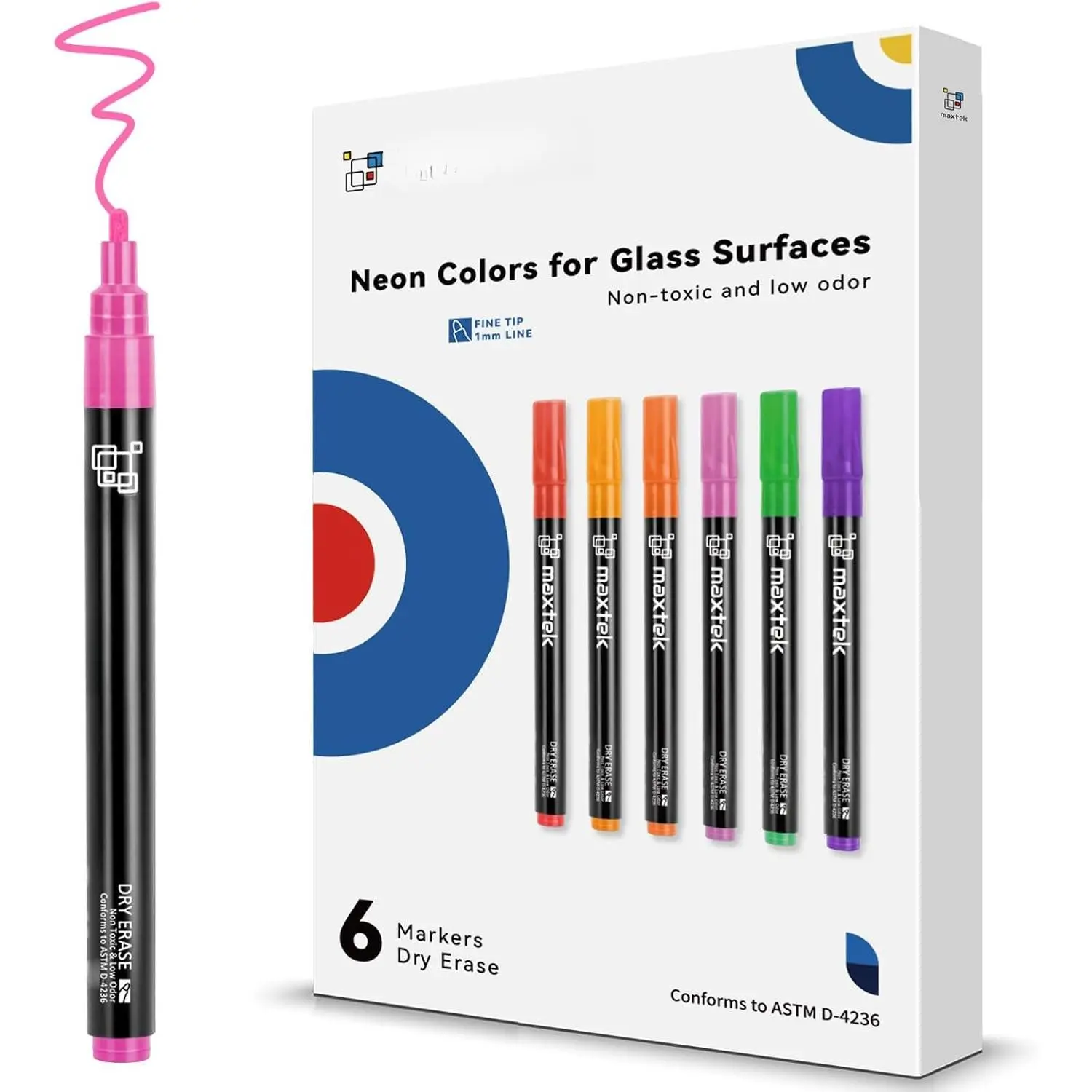 Dry Erase Markers, Fine Tip, Neon Colors, 6 Count | Glass Whiteboard Markers, White Board Dry Erase Pens