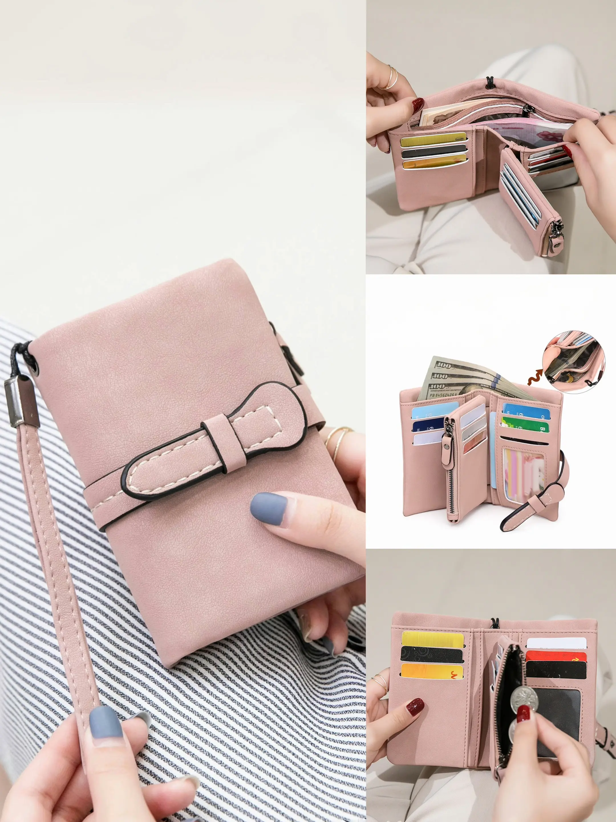 Ladies' Three Fold Wallet, Multifunctional Wallet, Multiple Card Slots With ID Windows, Zippered Coin Pocket, Snap Closure, Wrist Strap With Hand-Held Bag, Suitable For Daily Portable Use, Ideal Gift, Christmas Gift, Valentine's Day Gift