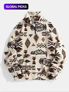 Men's Ethnic Pattern Zip Up Plush Sweatshirt, Casual Long Sleeve Pocket Collared Pullover for Winter, Fashion Men's Clothes for Daily Wear