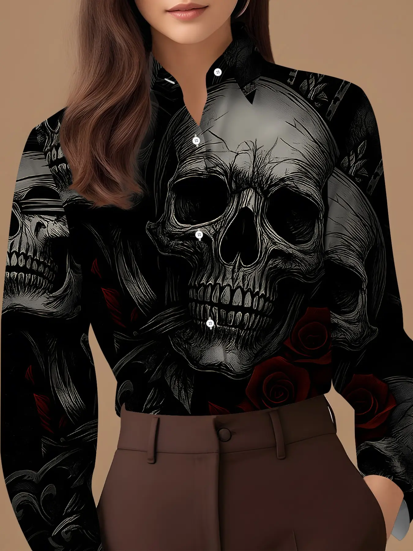 2026 New Women's Dark Gothic Skull Rose Print Shirt, Unique Retro Punk Collar Long Sleeve Blouse, Stylish Casual Wear