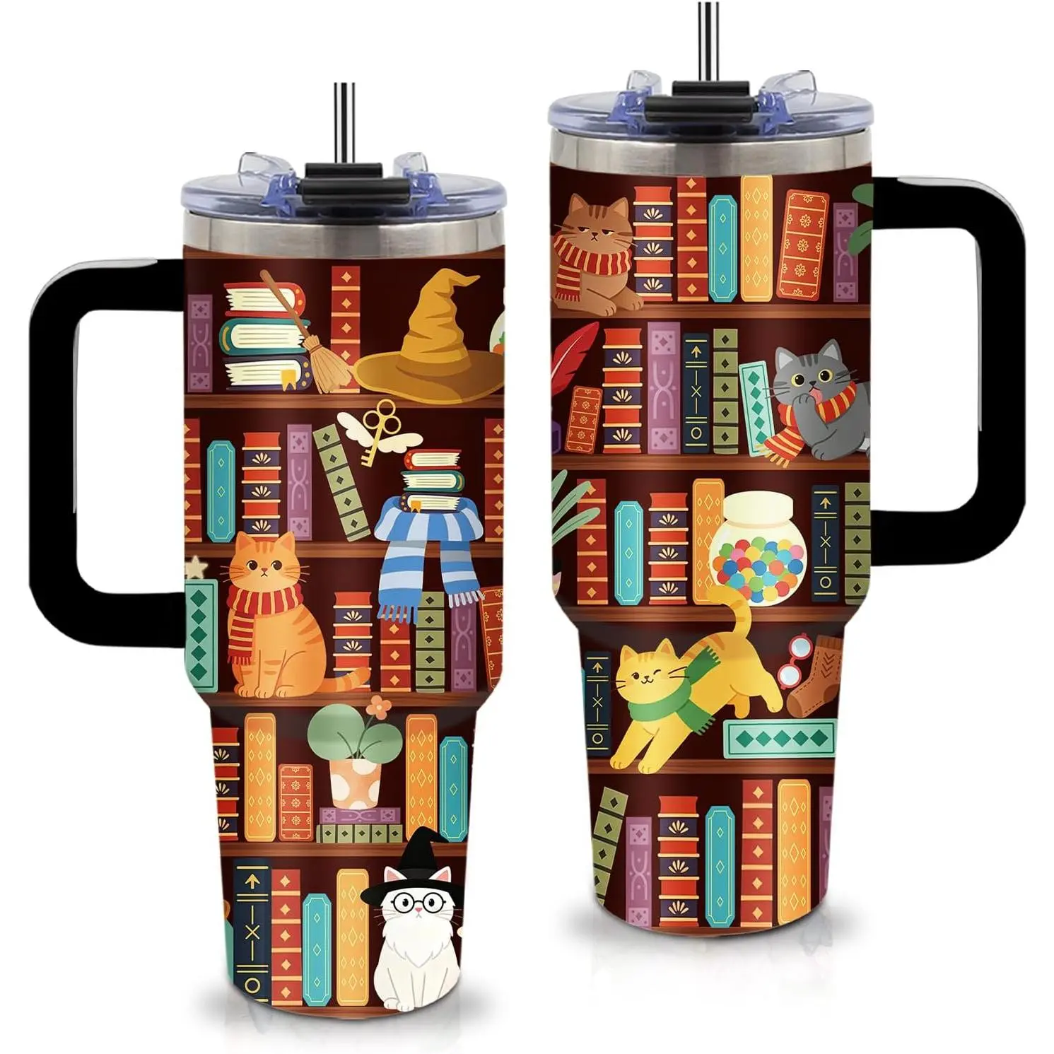 Cat Gifts - Funny Cats Book Tumbler, 40oz Tumblers with Handle and Straws, Leak-proof, BPA-free, Stainless Steel Coffee Insulated Mugs for Travel Office, Cat on Bookshelf Gift for Women Birthday Cup