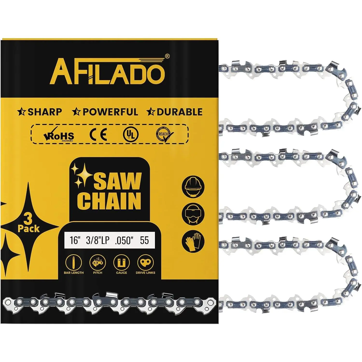 3 Pack 16 Inch Chain 55 Drive Links, .050" Gauge, 3/8"LP pitch, Semi-Chisel Chain Saw Chains for,,, and More Brands