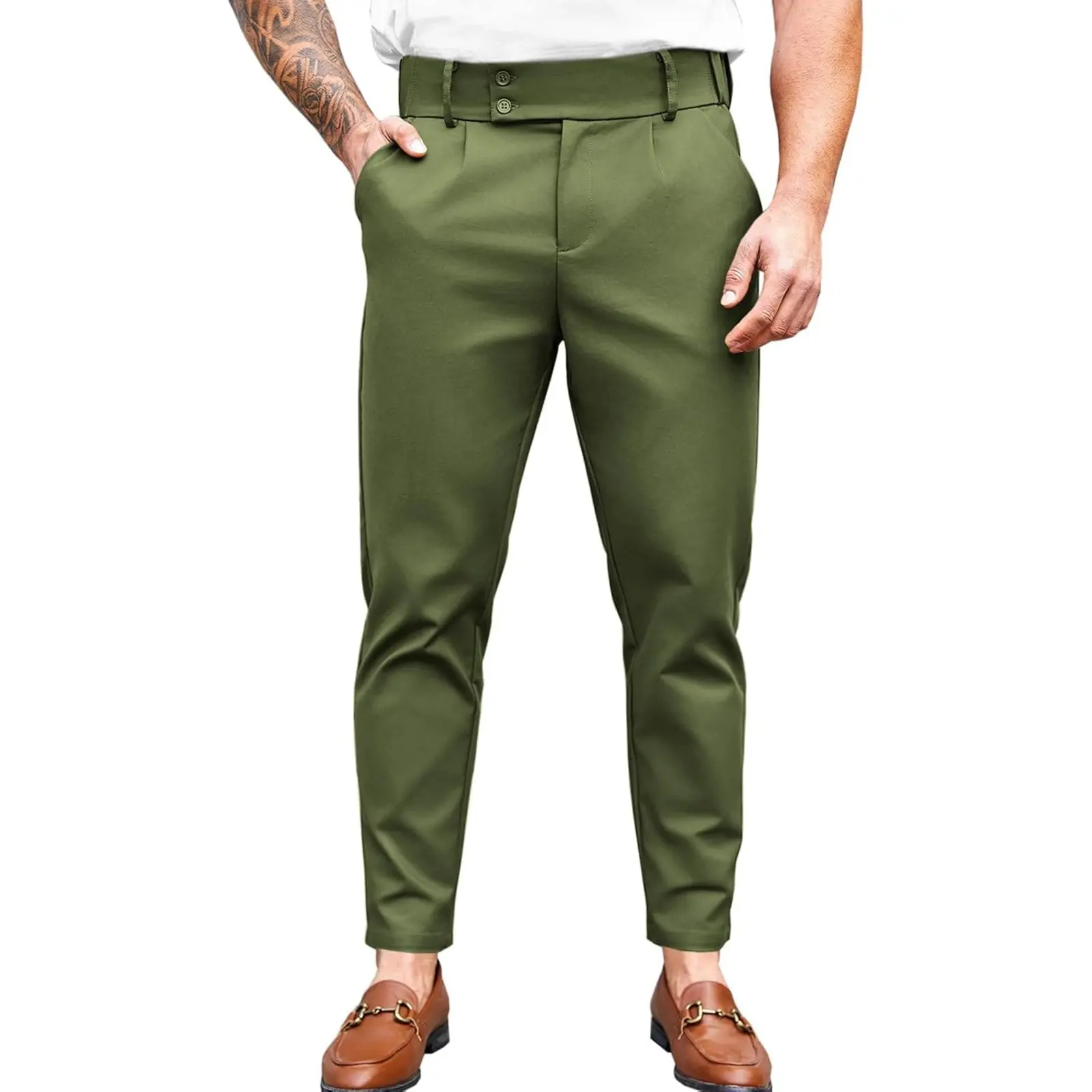 Runcati Mens Chino Pants Slim Fit Flat Front Stretch Skinny Tapered Dress Pants Casual Trousers Brown
