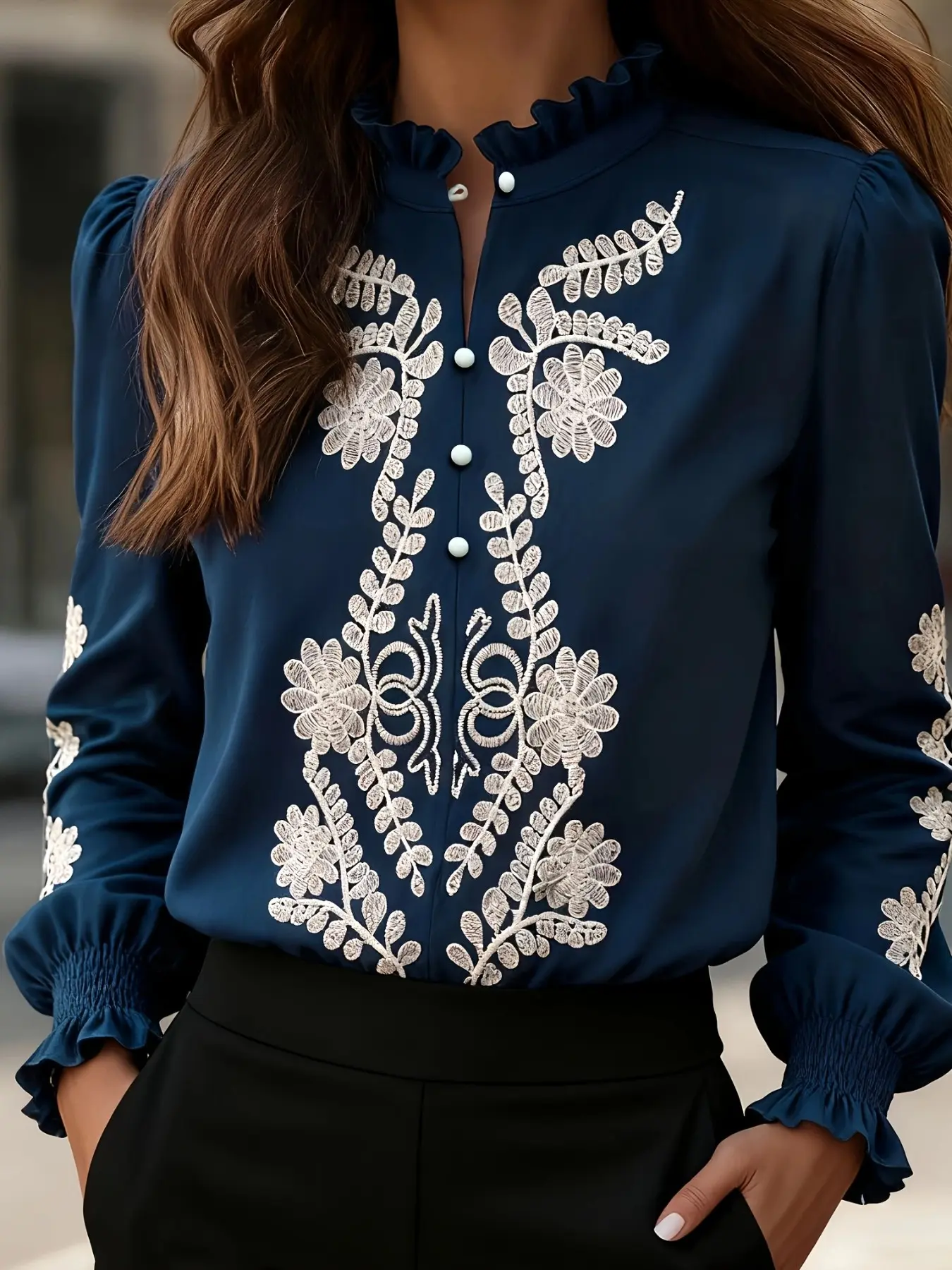 Women's Bohemian Print Top, Vintage Floral Ruffled Embroidery Long Sleeve Blouse Shirt, Fall Fashion, Versatile for Various Occasions, Casual & Business Wear