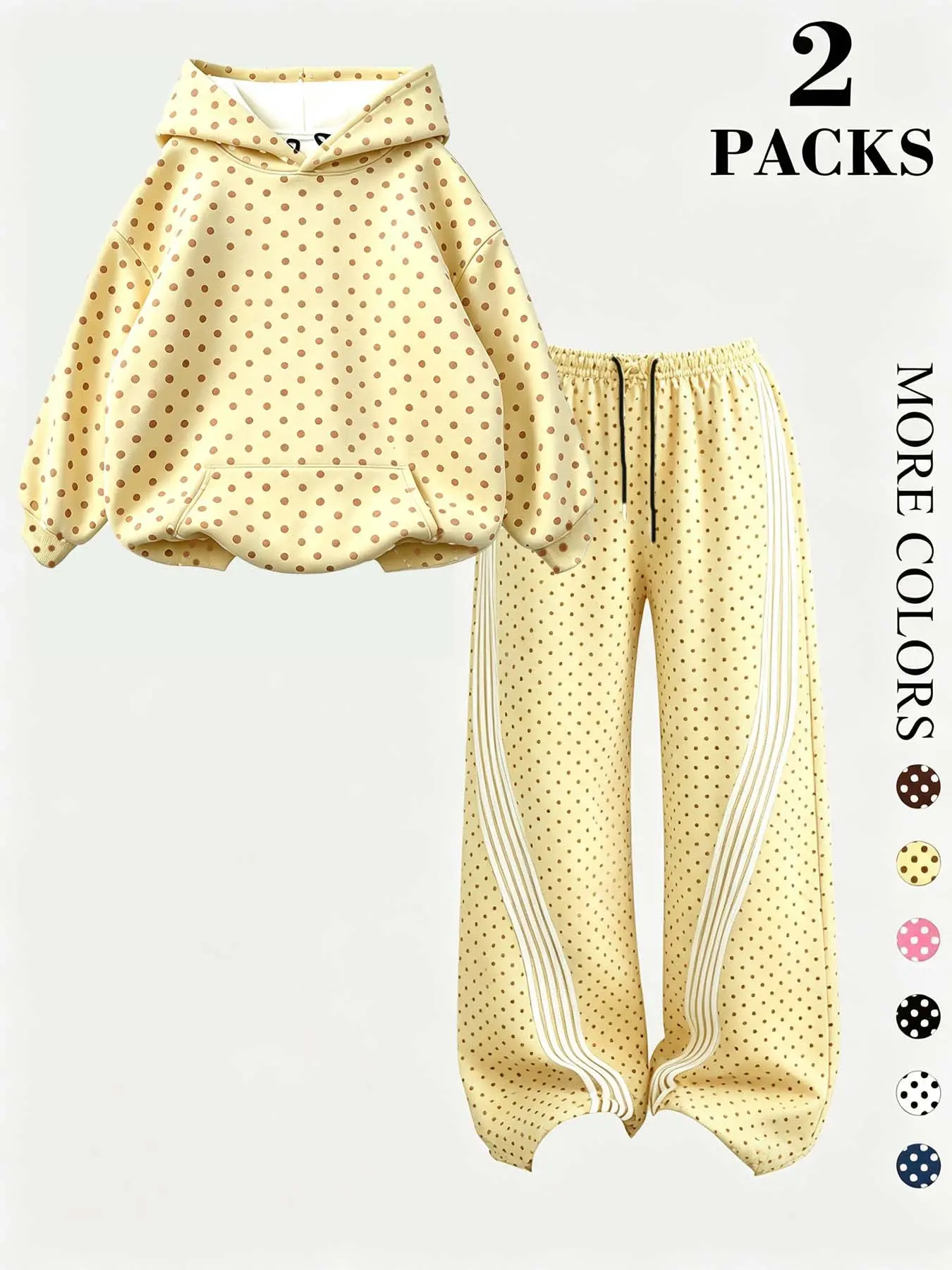 Casual Polka Dot Sportswear Set, Hooded Sweatshirt with Kangaroo Pocket, Striped Drawstring Pants, Soft Fabric, Multi-Color Options, Athleisure Sportswear Set