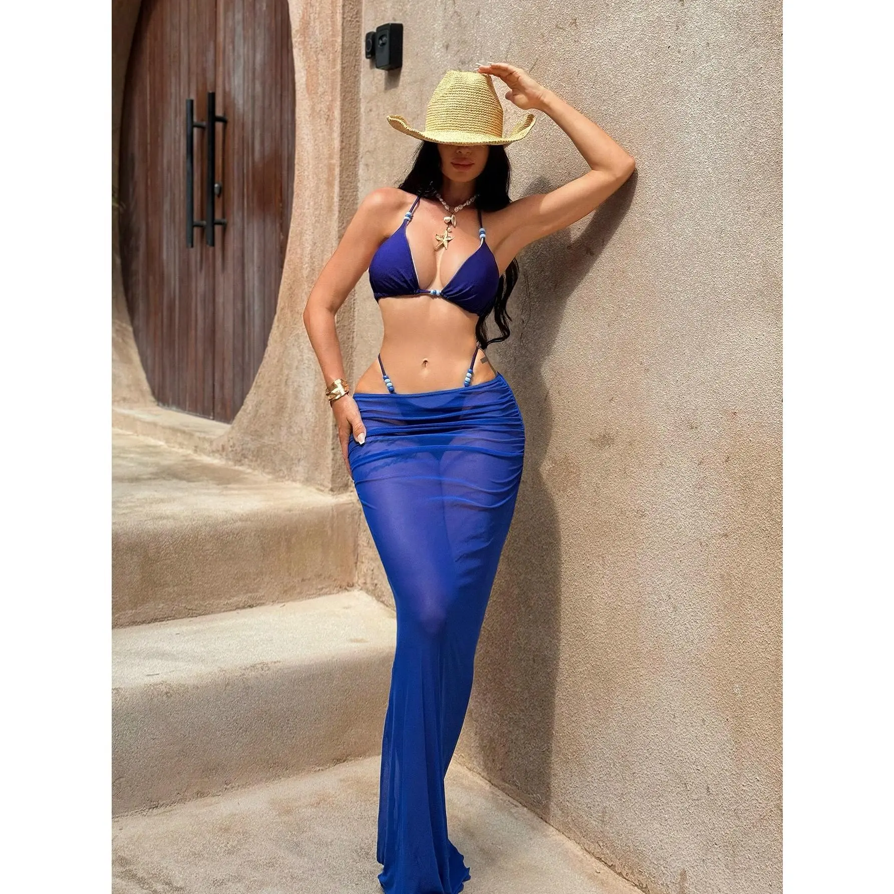 3 Piece Beaded Halter Bikini Set Triangle Thong Swimsuit with Beach Cover Up Skirts