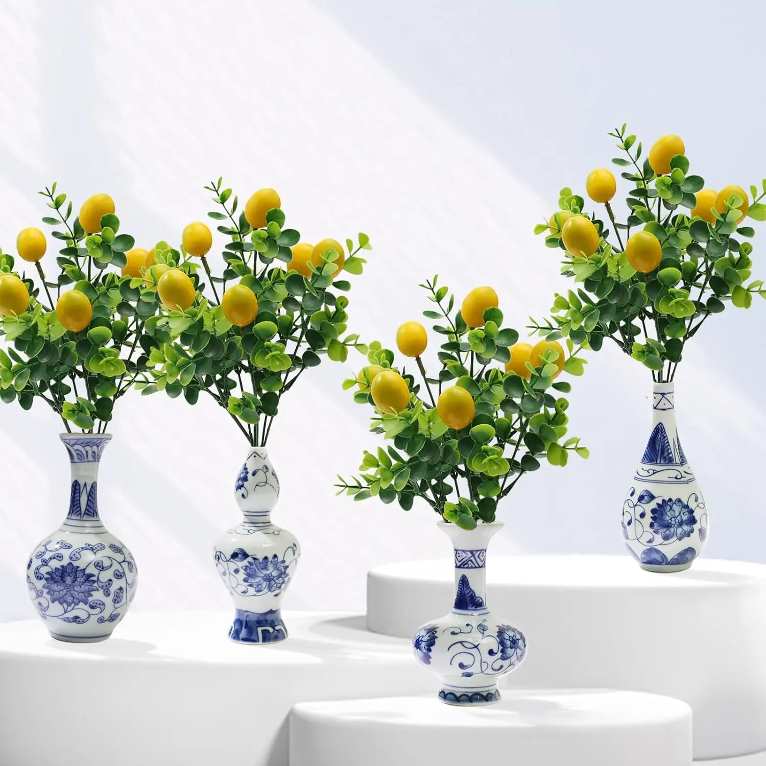 Amalfi Coast Themed Party Decoration Kit - 4 Plastic Artificial Lemon Table Centerpiece Bunches, 4 Porcelain Blue-White Vases, Artwork Backdrop for Mediterranean Wedding Baby Shower Gifts, Ceramic, Round