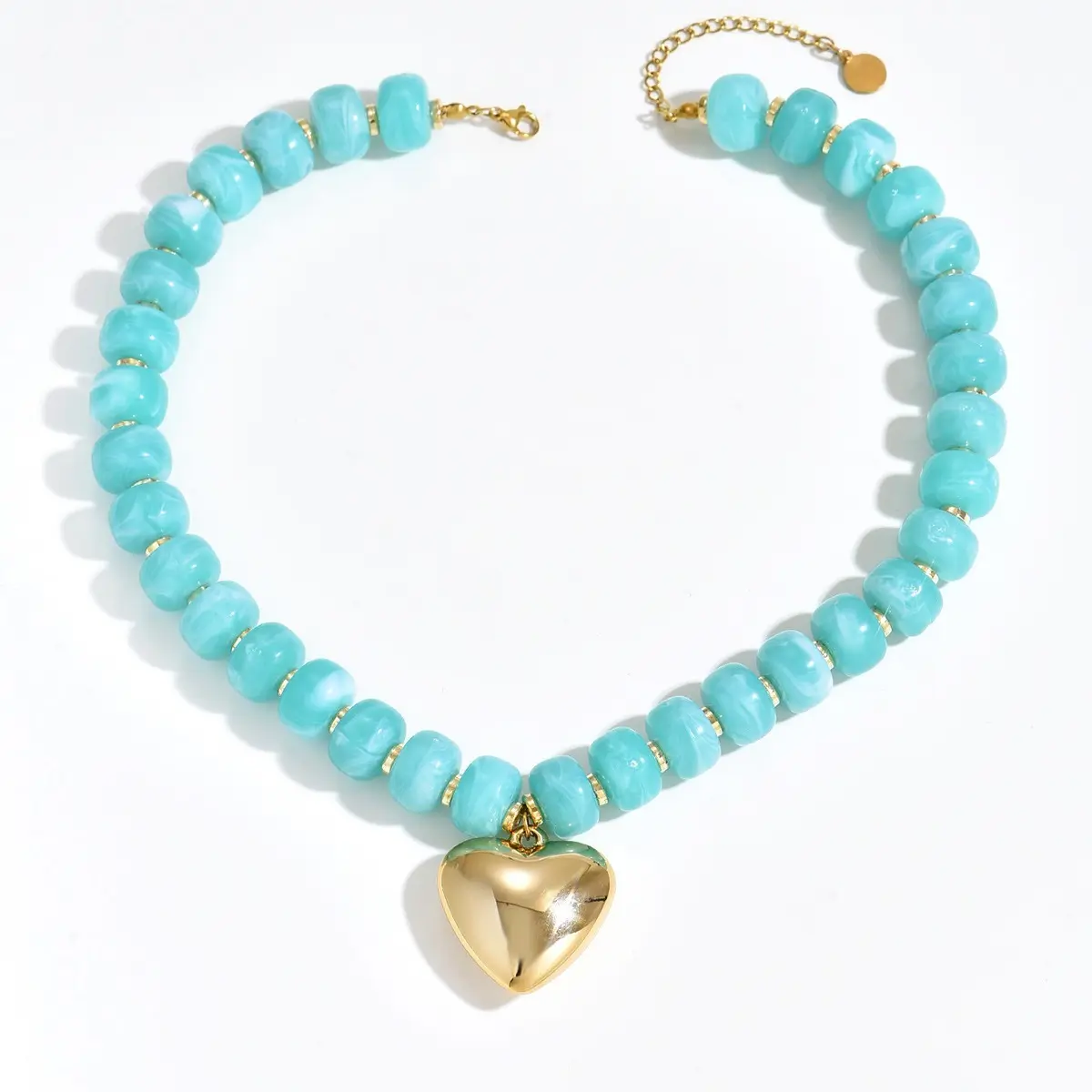 Women's Bold Bohemian Beaded Choker Necklace - Gold Heart Pendant, Adjustable Chain, Casual Chunky Metal-Coated, Blue Gemstone, Unisex Sports & Outdoor Accessory, Chain & Link, Blue Gemstone Necklace