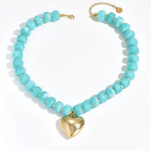 Women's Bohemian Turquoise Beaded Choker Necklace – Gold Heart Pendant with Adjustable Chain, Chunky Statement Jewelry