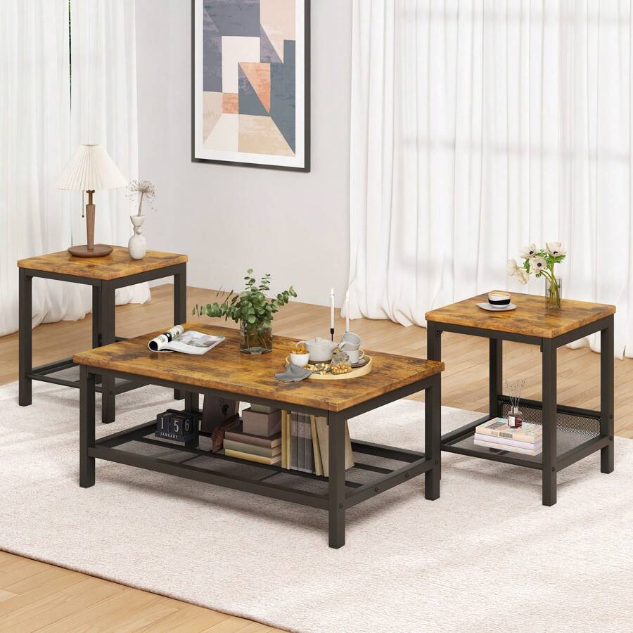 3-Piece Industrial Coffee Table Set, Modern Living Room Table with 2 Matching Square Side End Tables, Metal Frame Accent Table Set for Home Apartment Office