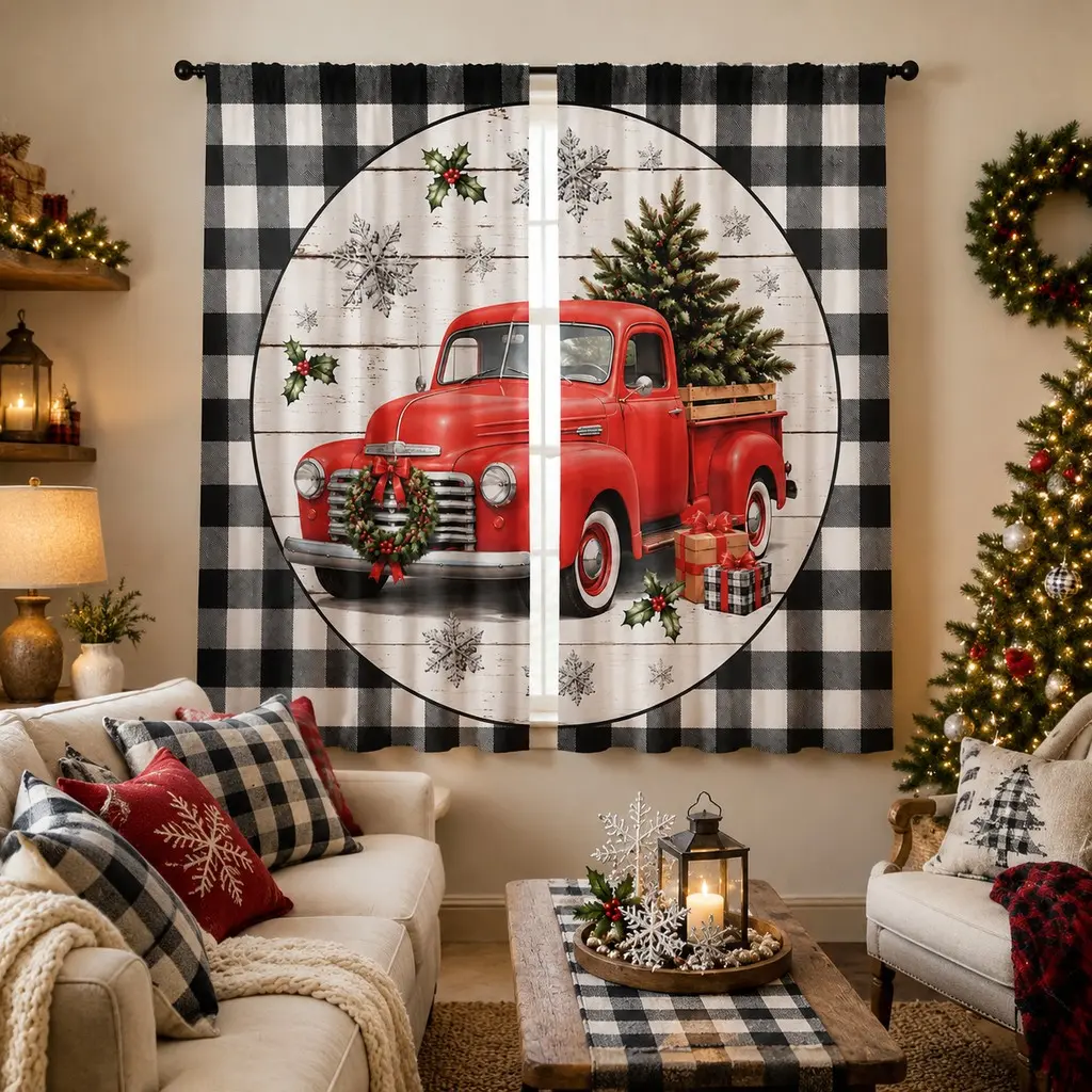 2 sets of digital black and white checkered red vintage truck Christmas pattern curtains, pole bag style, fade-resistant, machine washable and hand washable, hookless design, suitable for home decoration in living room, bedroom and study area.