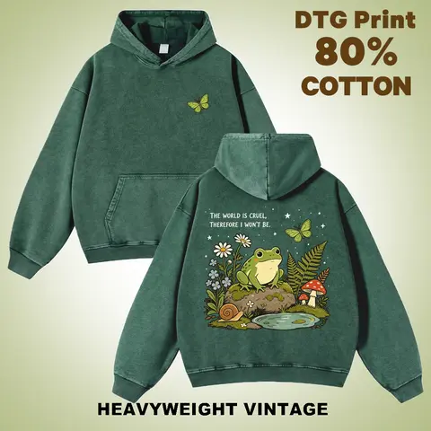 Men's 380g Thick Cotton Everyday Hoodie - DTG Print, Retro Frog Mushroom Forest Graphic, Wholesome Quote "The World Is Cruel", Snail Butterfly Nature Art, Washed Fabric, Streetwear, Autumn Vintage Fit Sweatshirt