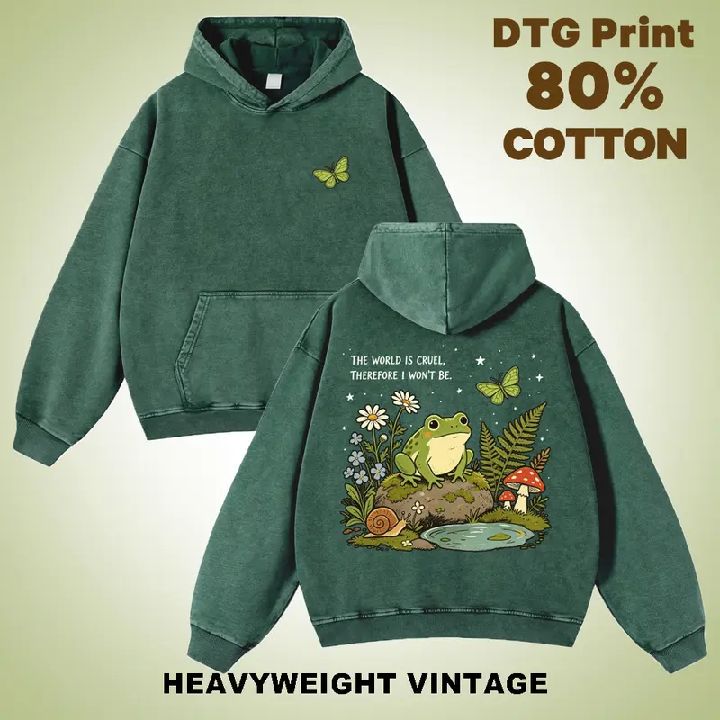 Men's 380g Thick Cotton Everyday Hoodie - DTG Print, Retro Frog Mushroom Forest Graphic, Wholesome Quote "The World Is Cruel", Snail Butterfly Nature Art, Washed Fabric, Streetwear, Autumn Vintage Fit Sweatshirt