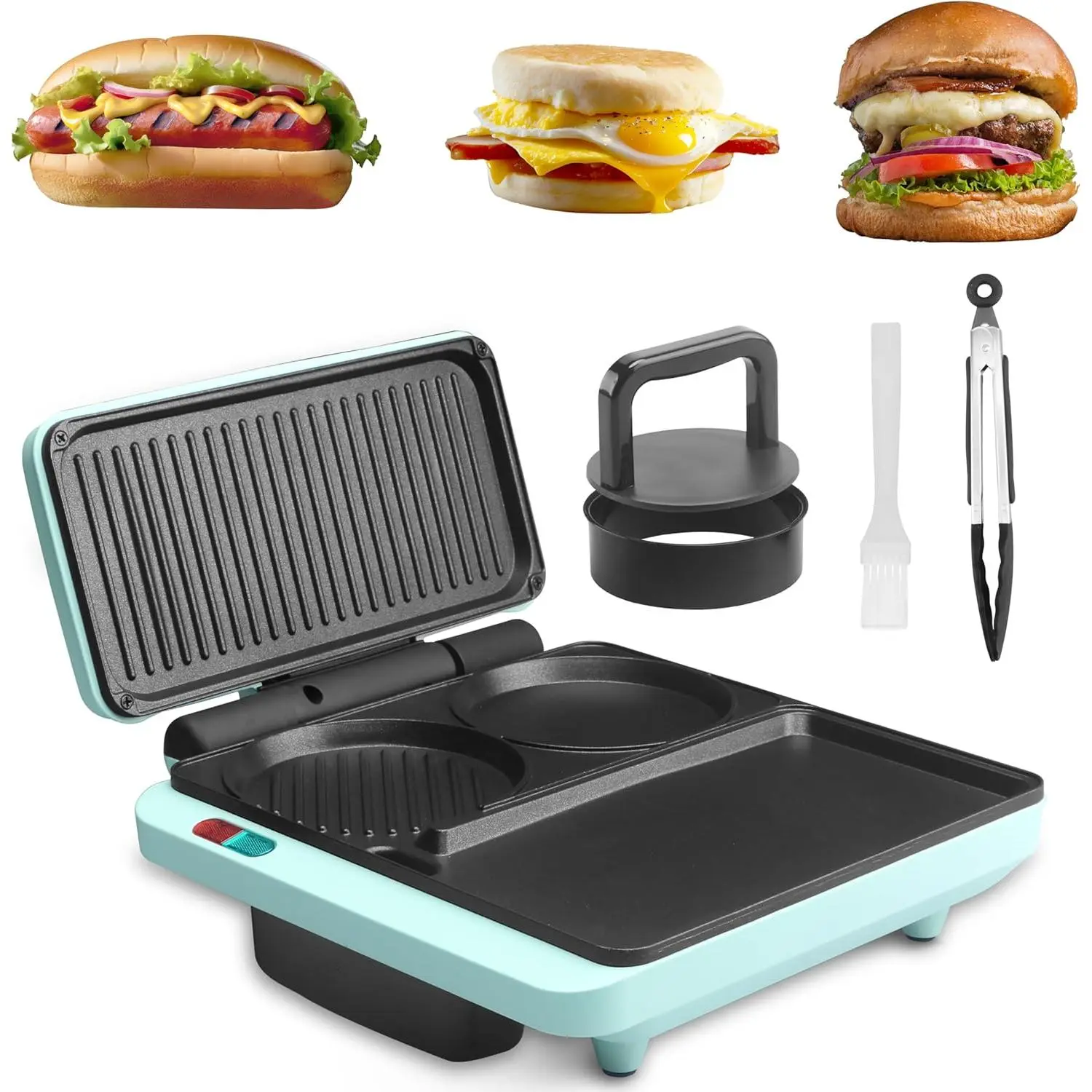 Breakfast Sandwich Maker, Nonstick Electric Griddle & Grill Combo, 3 in 1 Breakfast Station, Make Egg Muffin Sandwiches Burgers dogs & Pancakes, Includes Burger Press, Tong & Brush