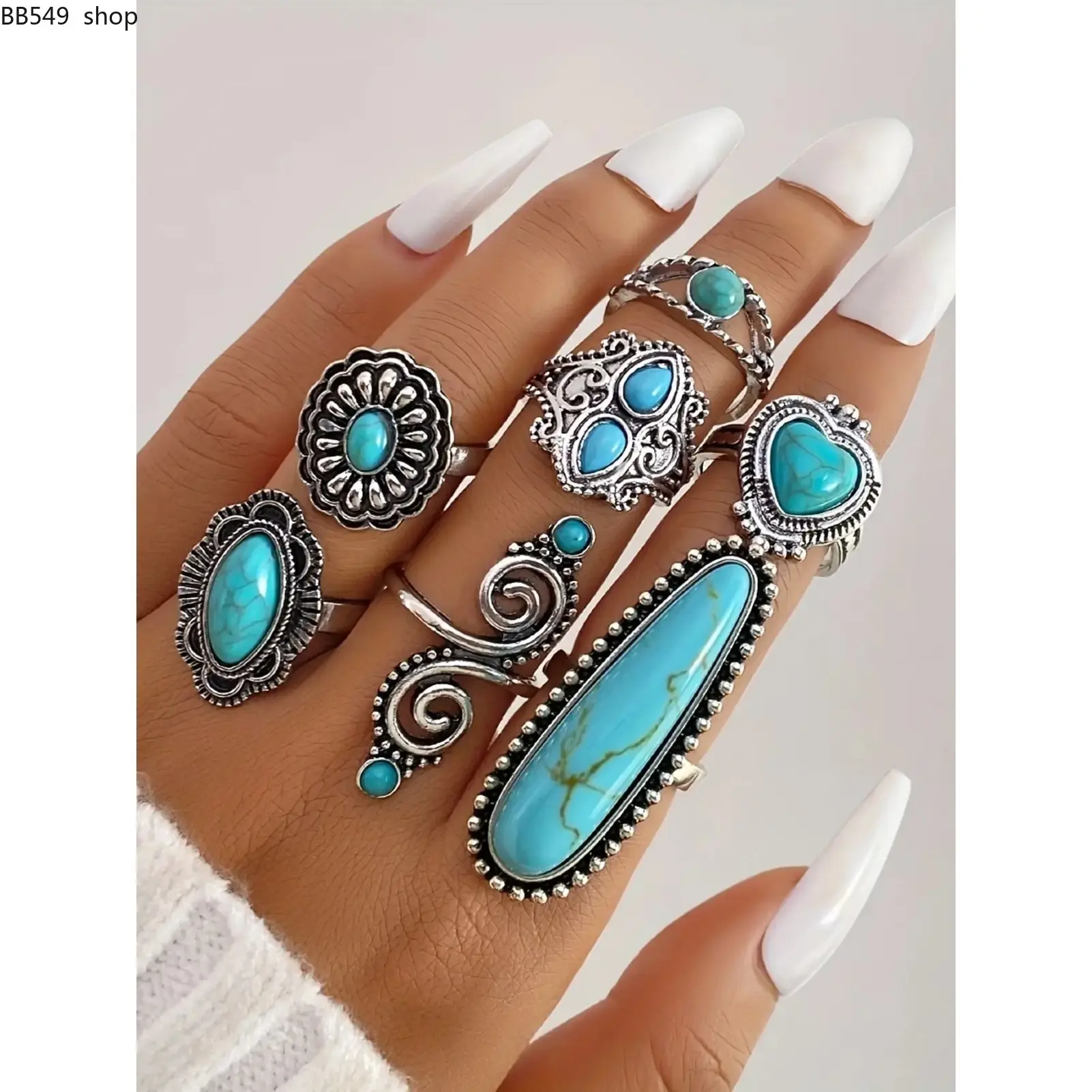 7pcs Turquoise Sunflower & Heart Shaped Ring Set, Ethnic Cultural Style Jewelry for Men and Women, Unique Gift Idea, Perfect for Special Occasions