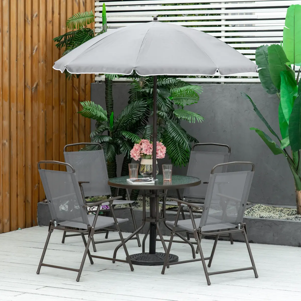 6 Piece Patio Dining Set for 4 with Umbrella, Outdoor Table and Chairs with 4 Folding Dining Chairs & Round Glass Table for Garden, Backyard and Poolside, Gray