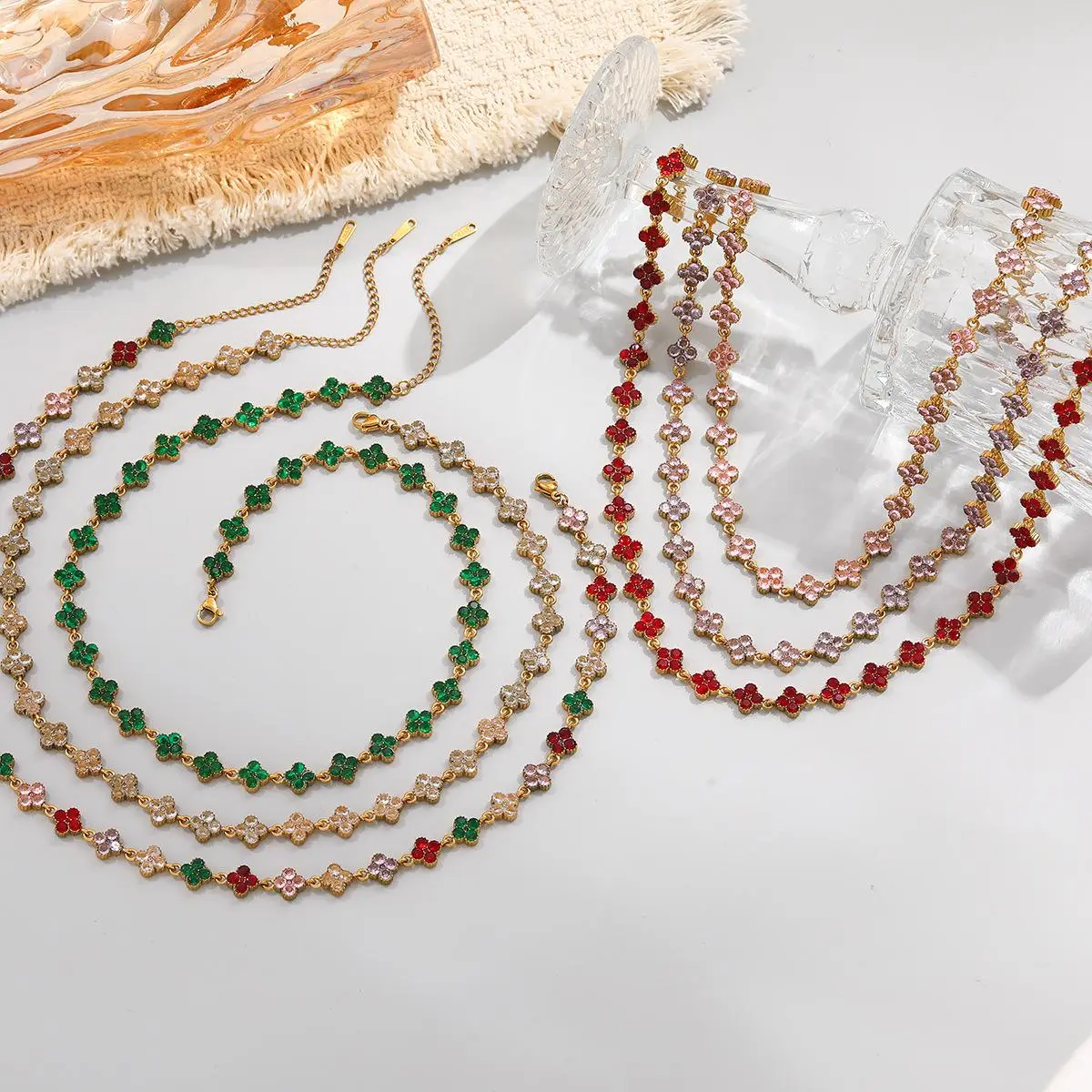 Enamel Four Leaf Clover Chain Necklace & Bracelet Sold Separately Gold Titanium Steel Colorful Lucky Clover Jewelry Vintage Sweet Everyday Stackable Accessories for Women