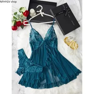 Ladies Multi-Size 2-Piece Cotton Intimate Set, Ruffled Spaghetti Strap Top Paired With Matching Bottoms, Delicate Bow Accents And Sheer Floral Lace Details, Light Romantic Garment Perfect For Romantic Private Nights And Special Intimate Occasion Outfits