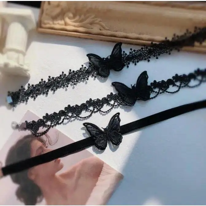 Black lace necklace with collarbone chain, exuding a super fairy temperament. Three dimensional butterfly choker necklace, handm