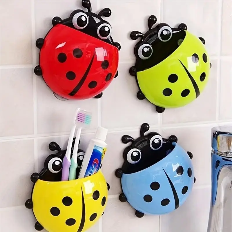 2 Pieces Cute Cartoon Ladybug Suction Wall Toothbrush Holder, No Drill Draining Plastic Storage Organizer, Space Saving Accessory