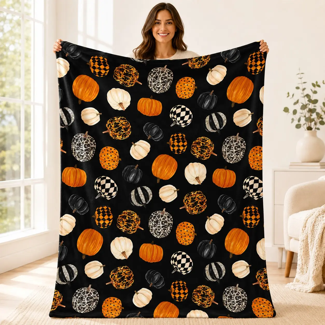 1pc Halloween Retro Checkered Pumpkin Fleece Blanket, full printed with varied painted pumpkins and checkered pumpkins, vintage festive style. Soft warm blanket for sofa, bed, office, shawl, camping, great Halloween and Christmas gift.