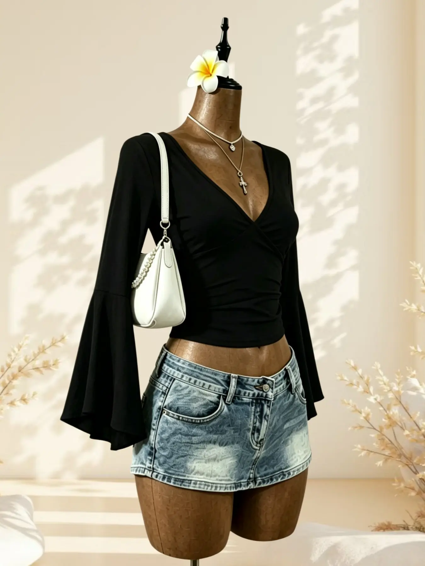 Sexy Deep V Cross Back Slim Fit Tank Top, French Flared Long Sleeve Ruched Waist T-Shirt, Sexy Bodycon Underwear Women