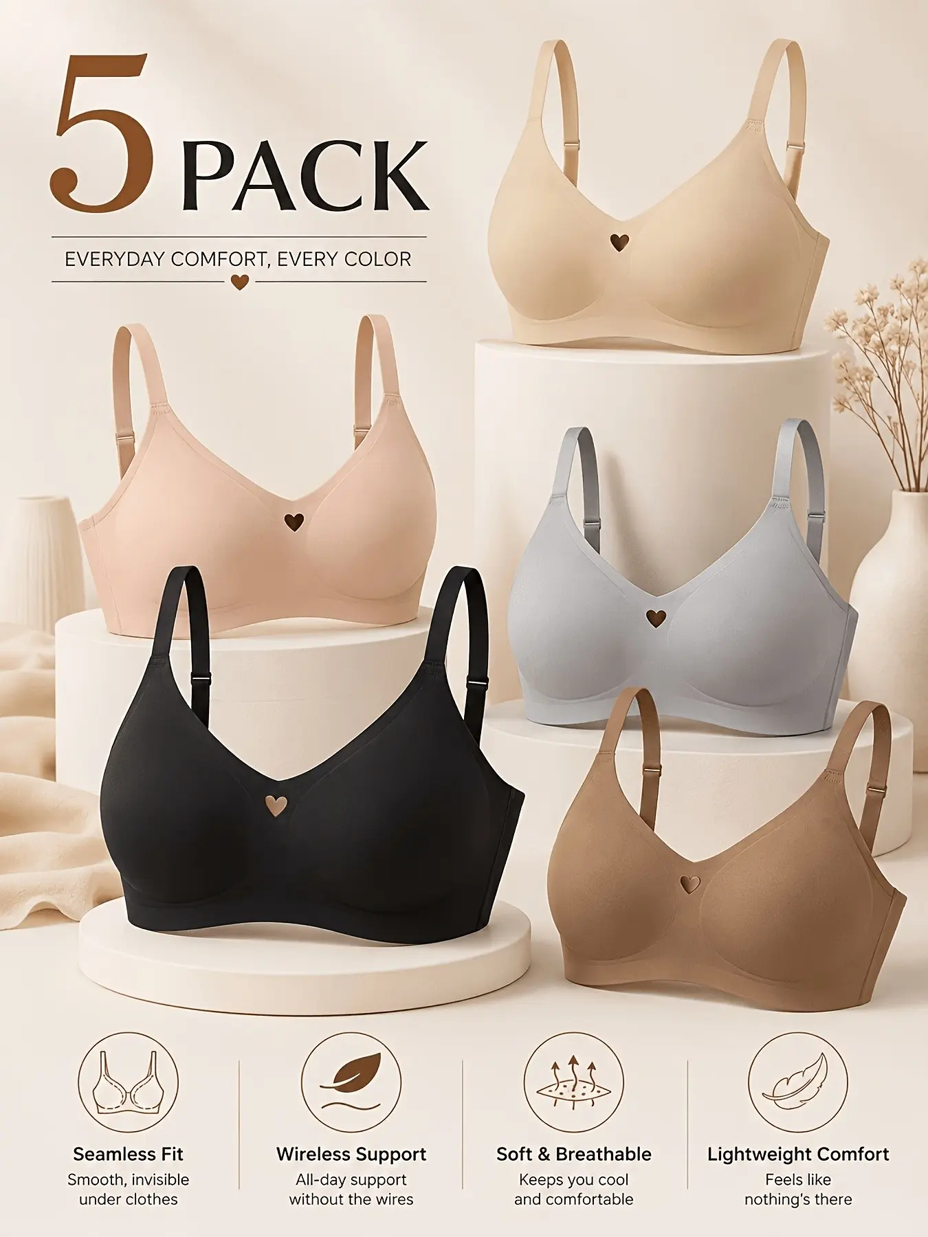 5 Pack Wireless Seamless Bra, Heart Detail Padded Bralette, Soft Invisible Everyday Support Bra Multipack, Comfortable and Stylish Underwear