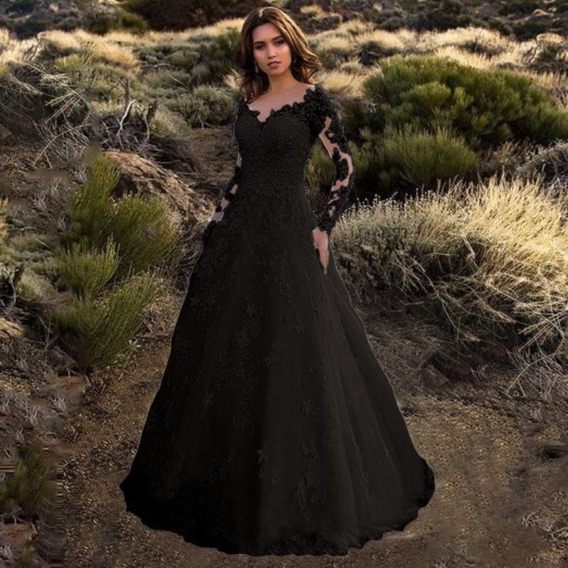 2026 New Style Women's Long-Sleeve Solid Color Sheer Lace Wedding Dress Bridal Gown