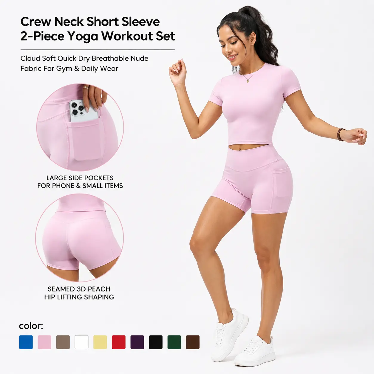 Women's 2 Piece Crew Neck Workout Set, Side Phone Pocket High Waist Biker Shorts, Quick Dry Breathable Tummy Control Peach Butt Lifting Yoga Outfit, Gym Travel Camping Athleisure Sweatsuit Seamless Sports Bra Leggings