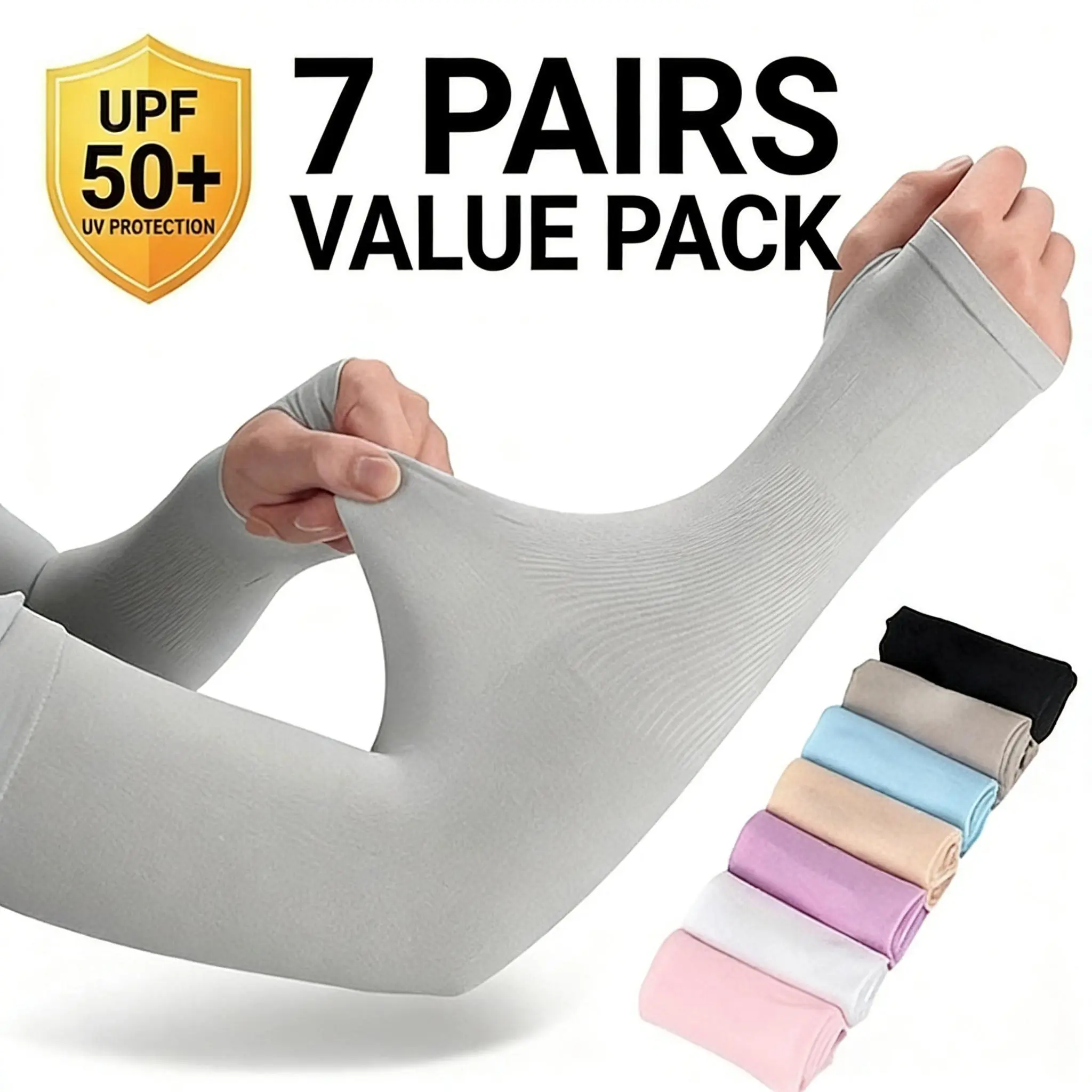 Unisex 7-Pair UV Protection Sports Arm Sleeves - Full Sleeve, Secure Fit, Soft Breathable Cooling Covers with Thumb Holes for Outdoor Activities, Golf Cycling