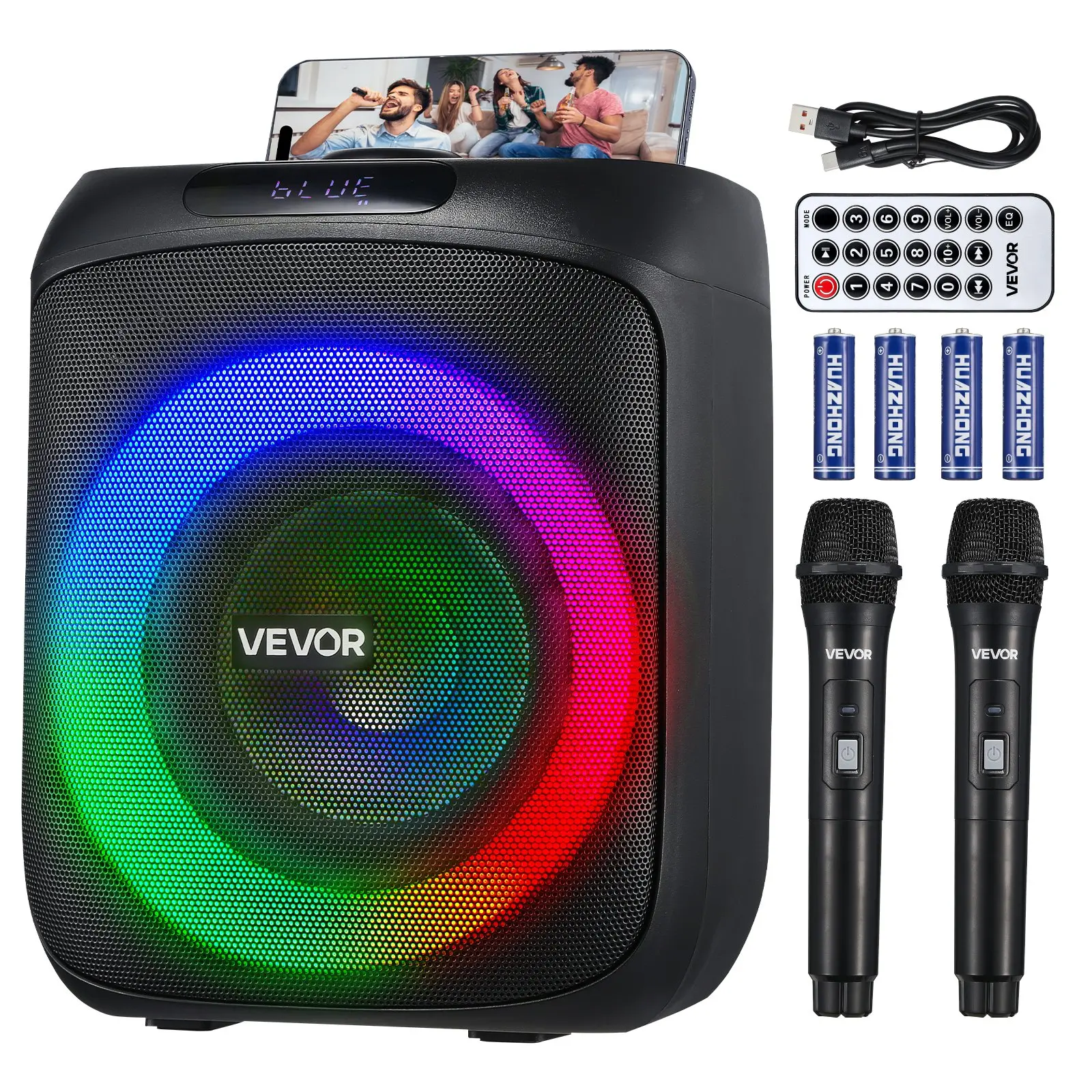 VEVOR Rechargeable Karaoke Machine for Adults, 30W ABS Stereo Bluetooth Speaker with 6.5-in Subwoofer, 2 Wireless Microphones, LED Light, TWS Function, Handle, Support Micro TF Card/USB/AUX, for Home Karaoke Parties