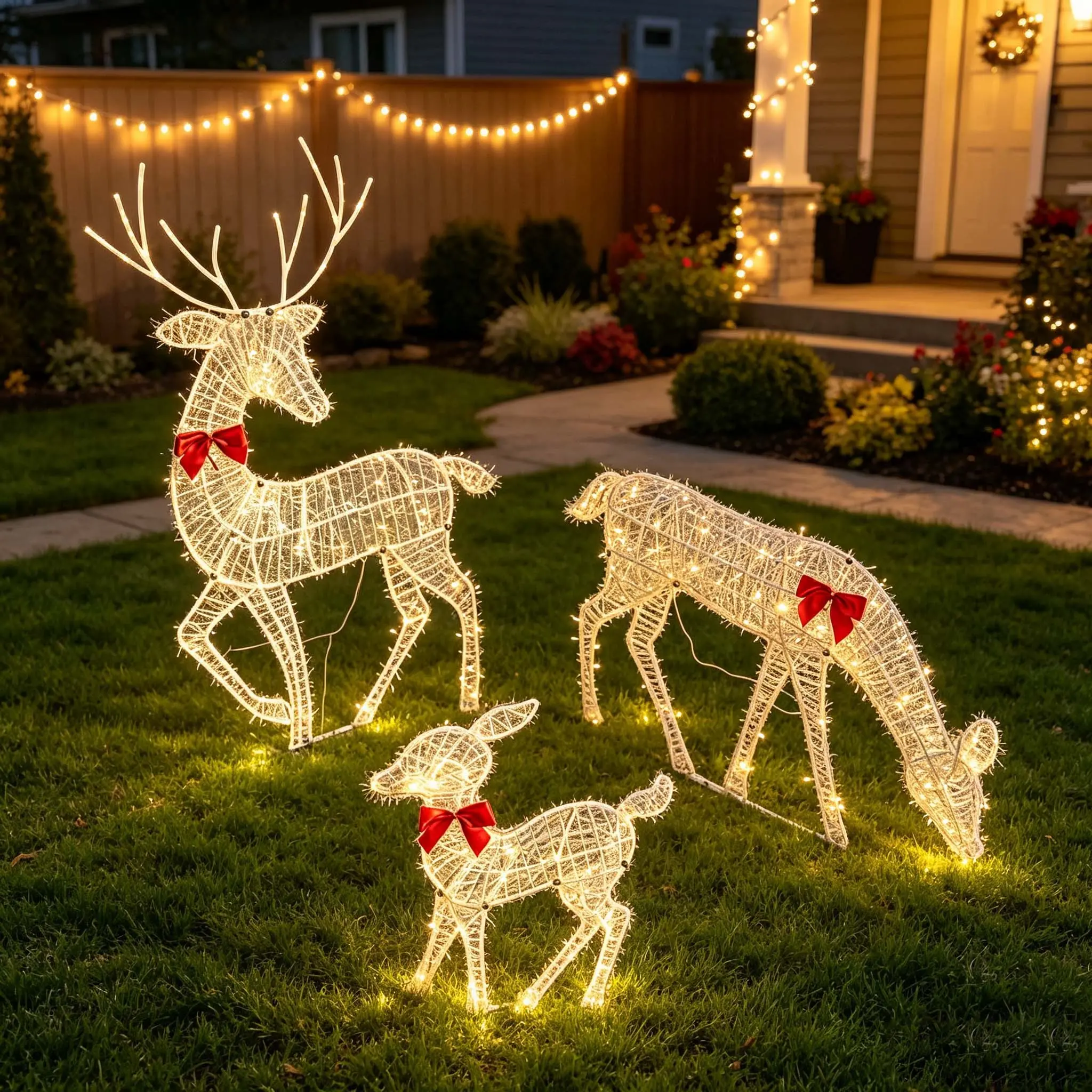 Christmas Iron Luminescent Reindeer Set, Garden Festival Decor, Warm LED Lights, Bow, Stable Stand, Outdoor Holiday Decoration