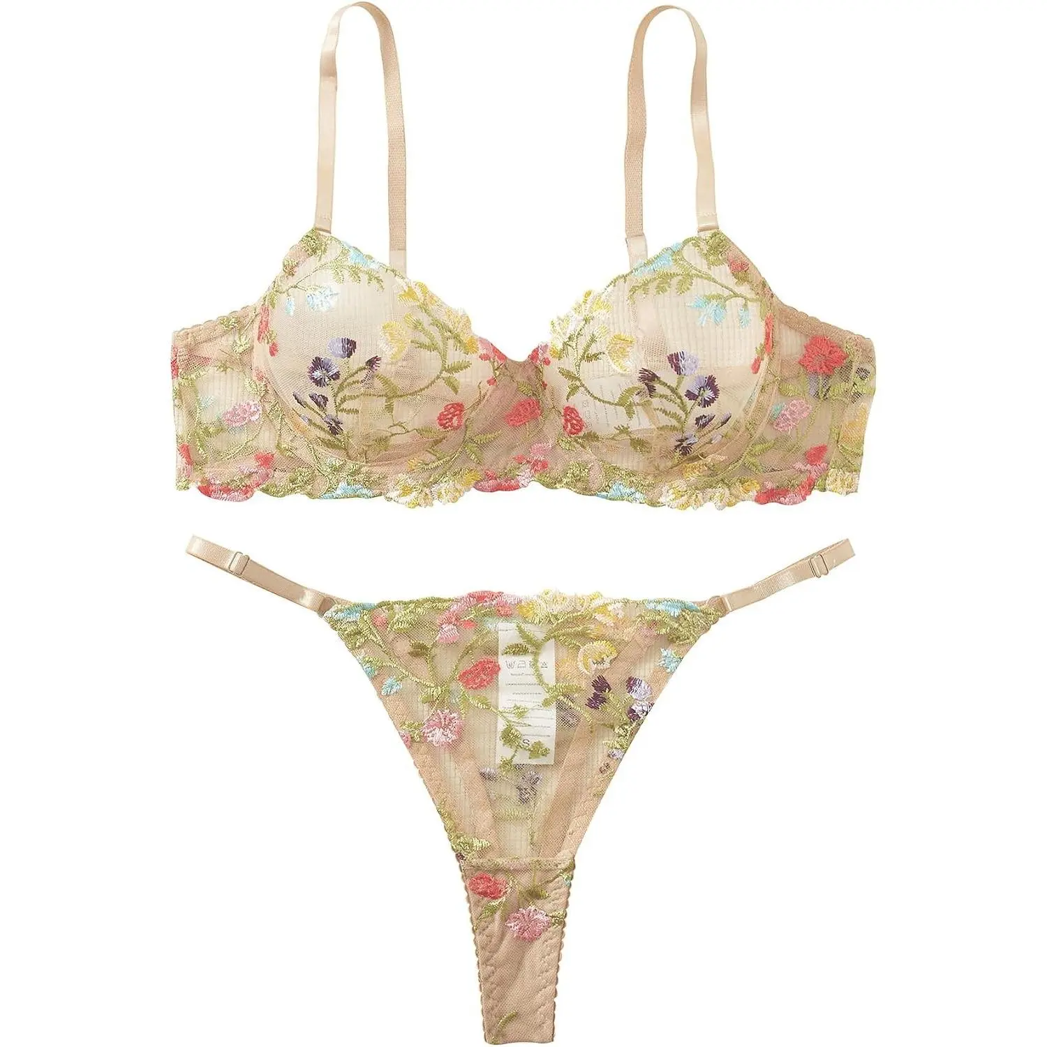 Sexy Floral Embroidered Mesh Underwire Push Up Lingerie Set(Gift)