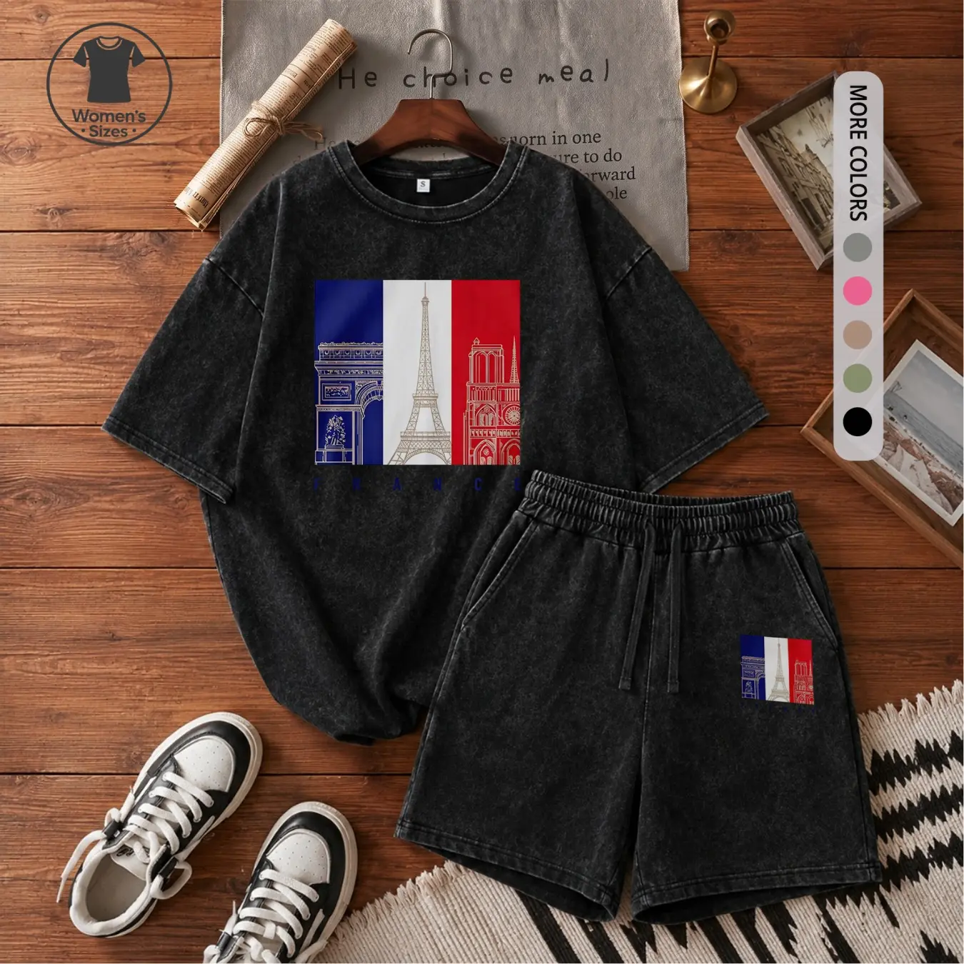 Women’s 100% Cotton Washed 2 Piece Shorts Set, France Landmark Graphic Crew Neck Short Sleeve T Shirt and Drawstring Shorts, Soft Breathable Casual Summer Outfit