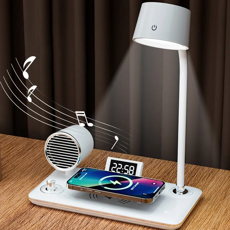 LED Desk Lamp with Wireless Charger & Bluetooth Speaker & Alarm Clock, 15W Fast Charging Station for iPhone & Earbuds, Touch Control 3 Color Light, Adjustable Lights, Adjustable Leds, Adjustable Eye-Care Table Bedside Lamp, LED Reading Light