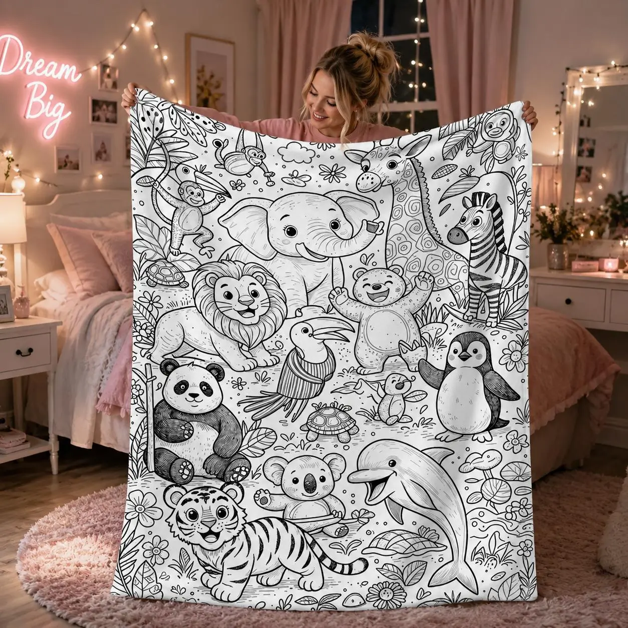 2D Flat Jungle Ocean Animal Line Art Flannel Throw Blanket, Coloring Book Style Soft All Season Blanket for Sofa Bed Nap Camping Travel, Machine Washable Cozy Bedding Gift for Kids Animal Lovers