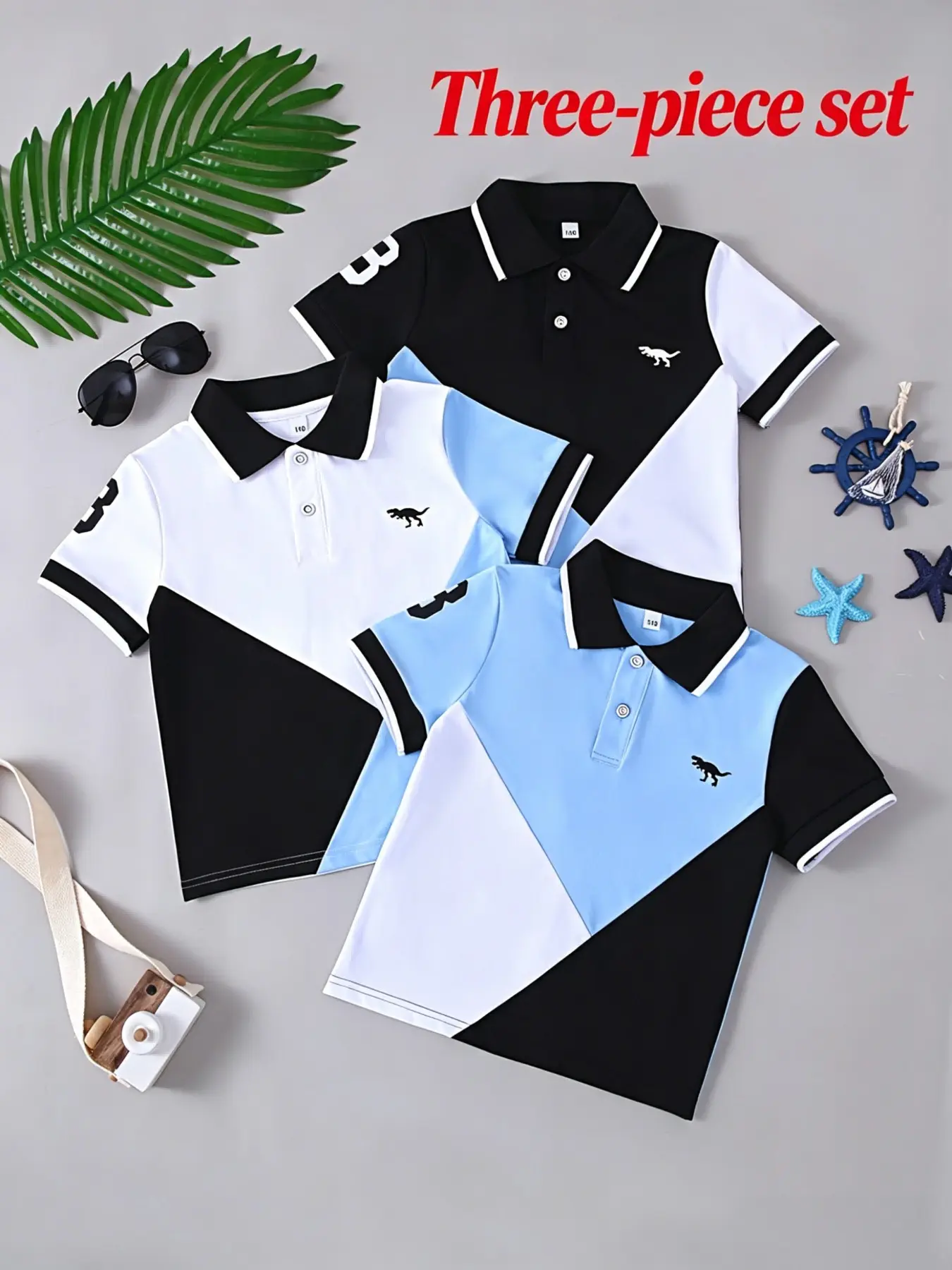 Boys' Fashion Polo Shirts Set of Three, Plaid/colorblock Stripes, Casual Short Sleeve, Summer Daily Wear, Kids Clothing, Fashionable Shirts