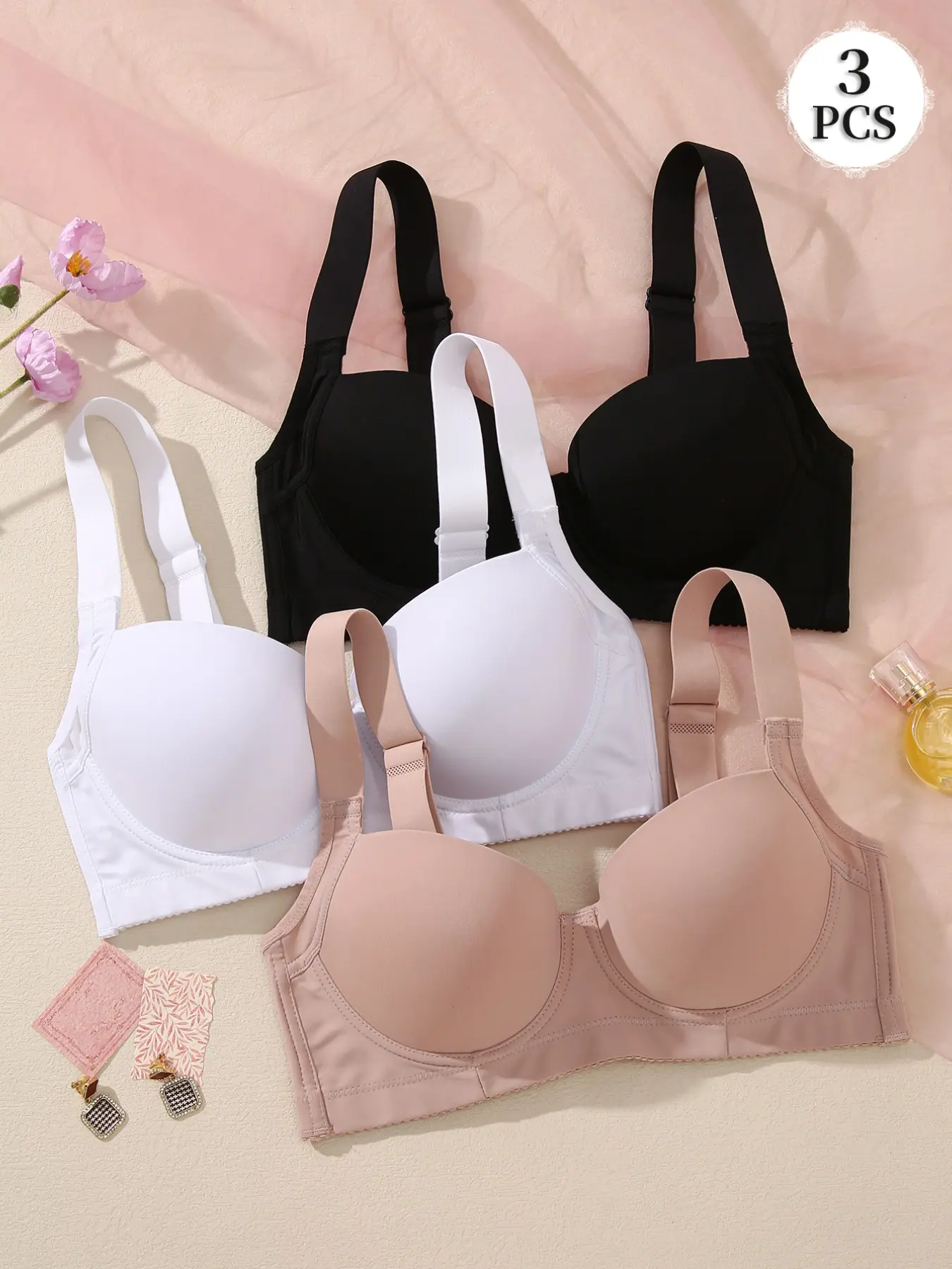 3PCSWomen Smooth Longline Bra, Underwire Firm Lift & Bust Gathering, Wide Pressure-relief Straps to Reduce Shoulder Burden, Extended Underband Support, Snug, Elegant & Comfortable Daily Lingerie