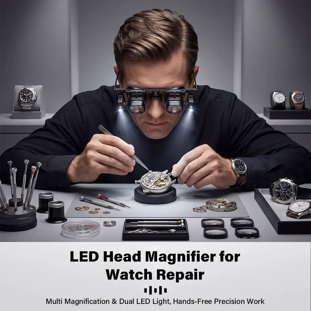Head Mount Magnifying Glass with LED Light, Jewelers Loupe Magnifier with 4 Interchangeable Lens 2X/6X/10X/24X for Close Work/Precision Work/Electronics/Eyelash/Crafts/Jewelry/Watch Repair/Repair