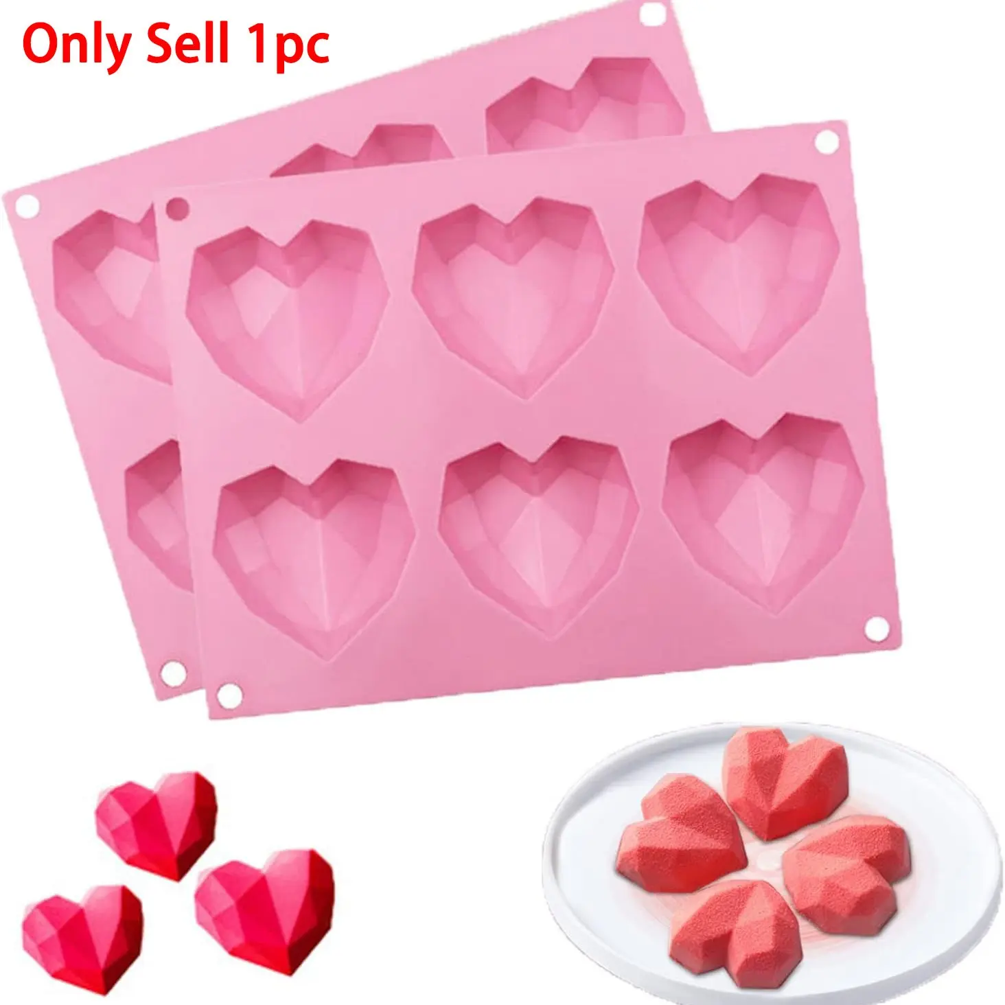 1pc 6 Diamond Heart Silicone Mold, Valentine's Day Chocolate Candy Mousse Cake Bomb Mold, Baking Heart Soap Making Mold