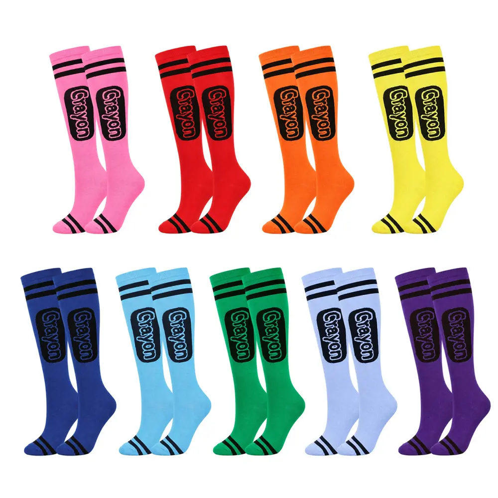 9 Pairs Colorful Knee High Socks for Teen Girls, Crayon-Inspired Striped Long Socks, Soft Stretch Knit Tube Socks, Cute Y2K Fashion Socks for School, Daily Wear, Party & Outfit Styling