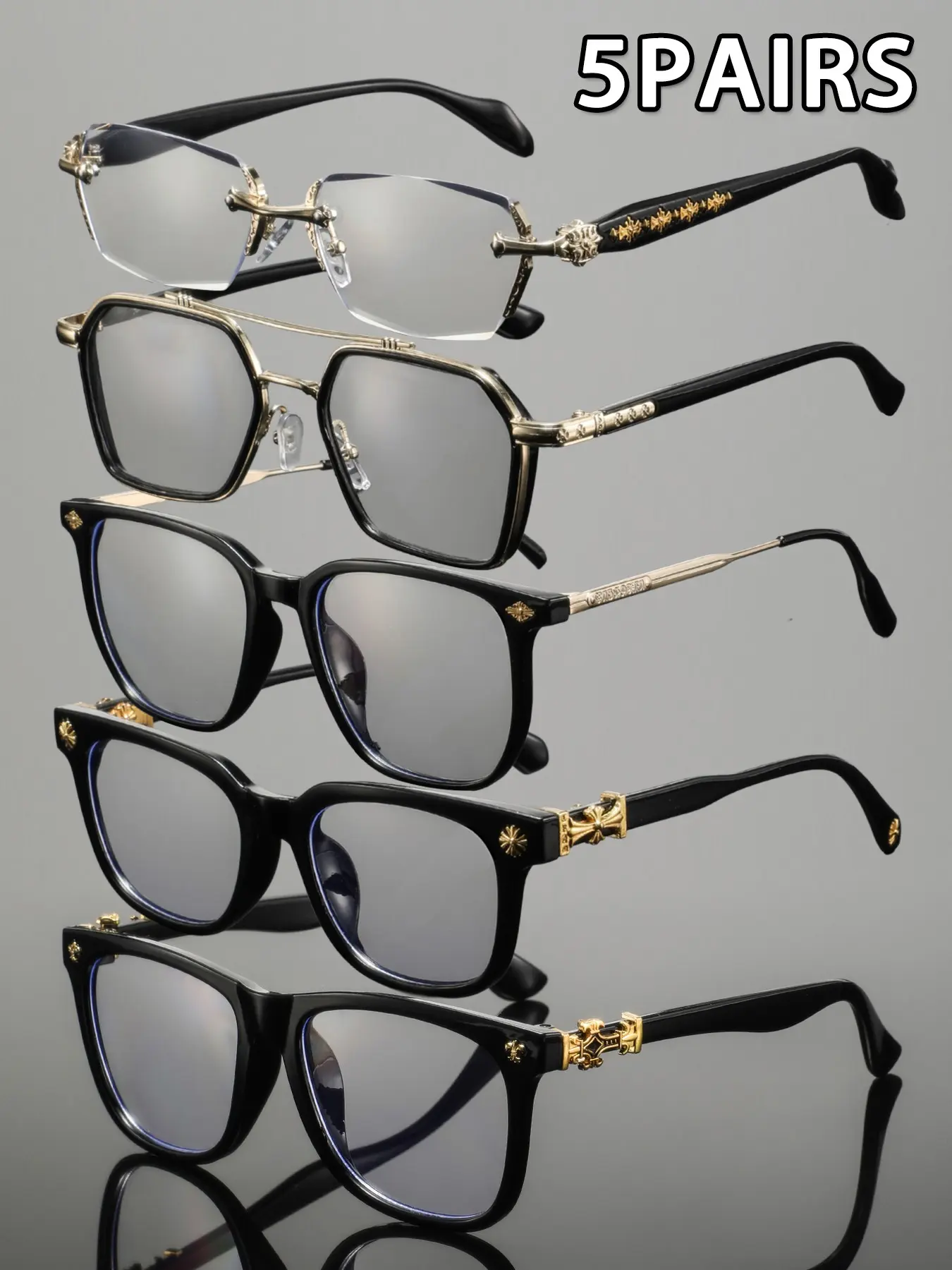 5pcs Men's Square Rice Nail Double Beam Combination Glasses, Classic Retro Elegant Business Style, Fashion Plain Lenses, Vintage Square Frame, Square Frames Eyeglasses